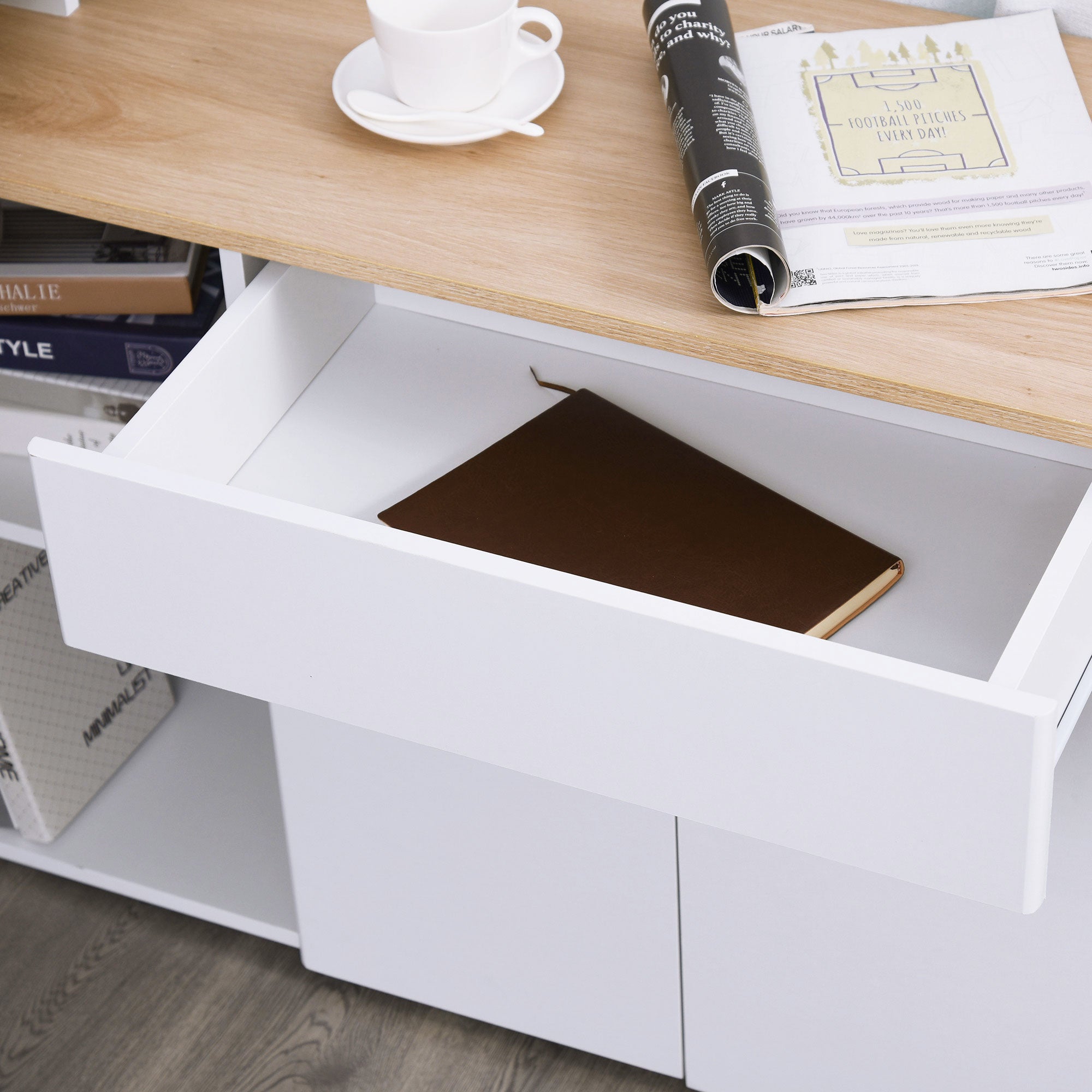 Bureau d'angle Bureau Informatique multimédia modulable Multi-rangements Double Niche + tiroir et Placard en Bois Clair Blanc