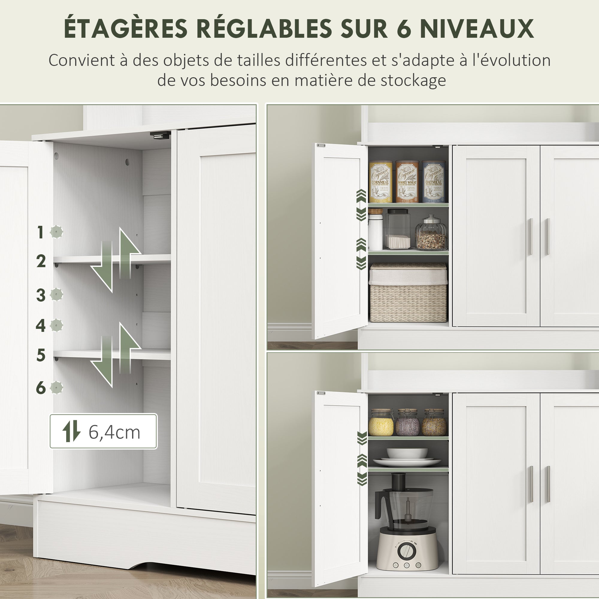 Armoire de cuisine, buffet cuisine meuble de rangement scandinave avec placards, compartiments ouverts, portes vitrées et plan de travail, pour salle à manger, salon, 108 x 35 x 180 cm, blanc