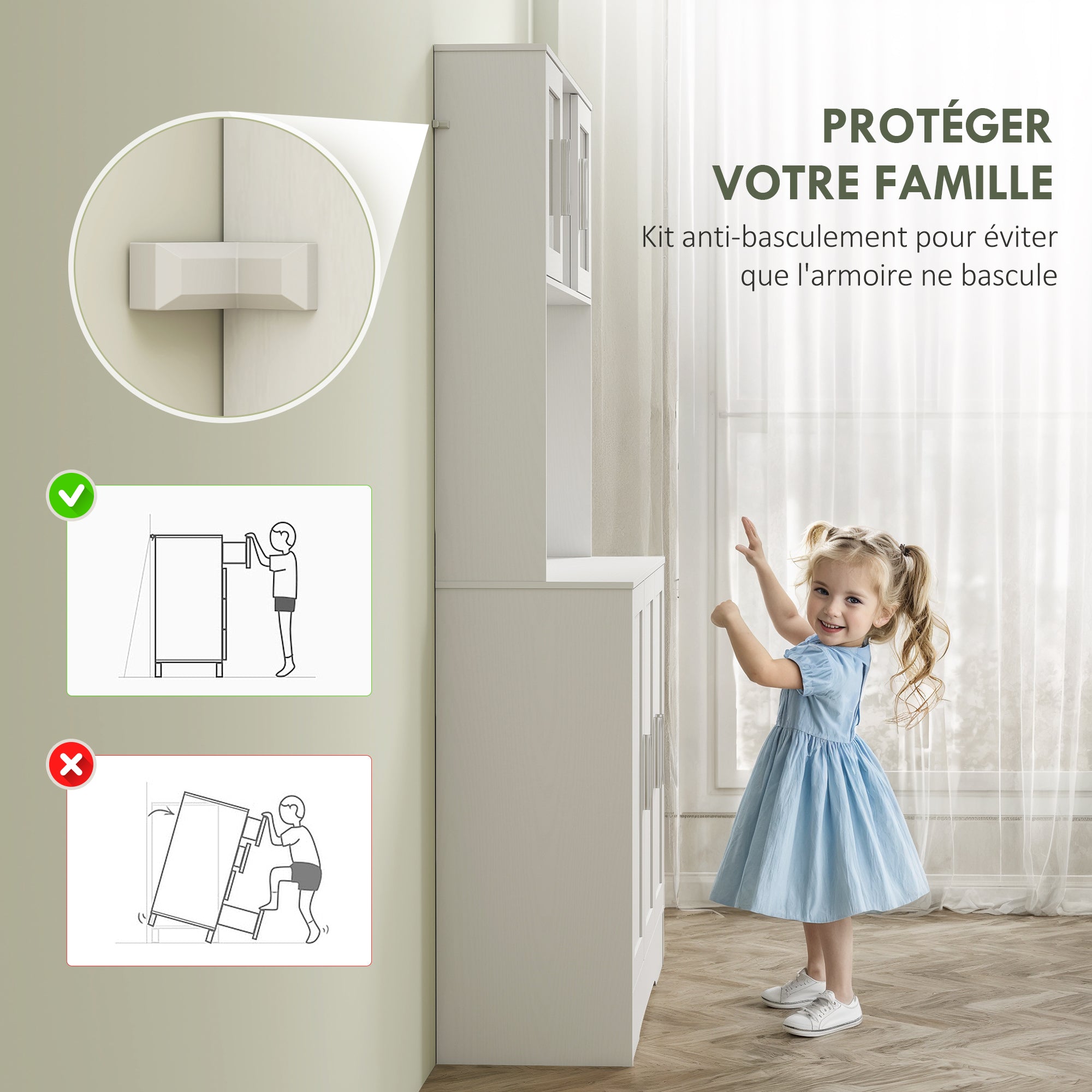 Armoire de cuisine, buffet cuisine meuble de rangement scandinave avec placards, compartiments ouverts, portes vitrées et plan de travail, pour salle à manger, salon, 108 x 35 x 180 cm, blanc