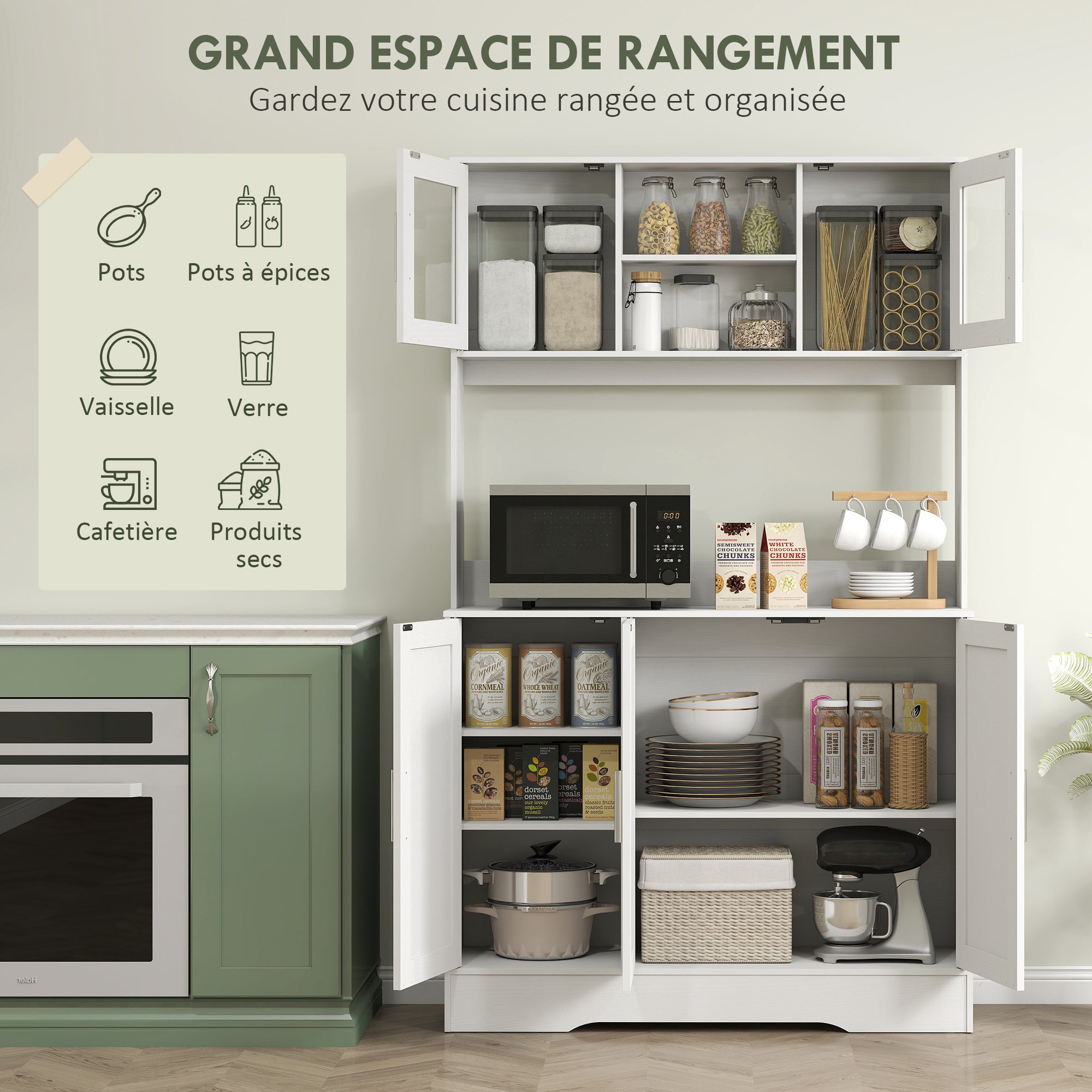 Armoire de cuisine, buffet cuisine meuble de rangement scandinave avec placards, compartiments ouverts, portes vitrées et plan de travail, pour salle à manger, salon, 108 x 35 x 180 cm, blanc