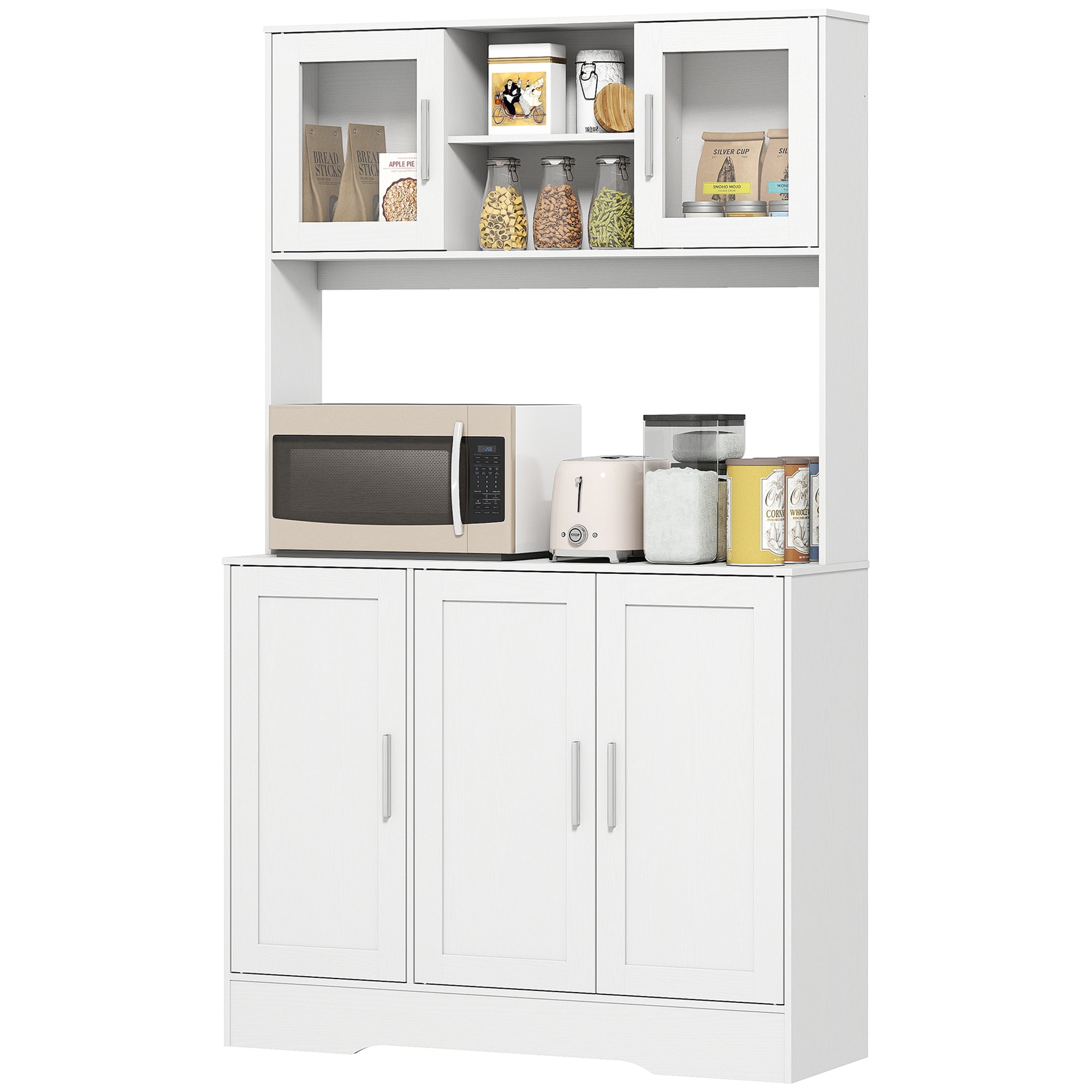Armoire de cuisine, buffet cuisine meuble de rangement scandinave avec placards, compartiments ouverts, portes vitrées et plan de travail, pour salle à manger, salon, 108 x 35 x 180 cm, blanc