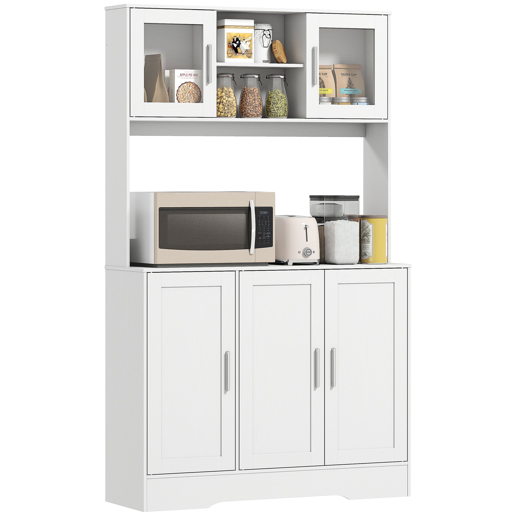 Armoire de cuisine, buffet cuisine meuble de rangement scandinave avec placards, compartiments ouverts, portes vitrées et plan de travail, pour salle à manger, salon, 108 x 35 x 180 cm, blanc