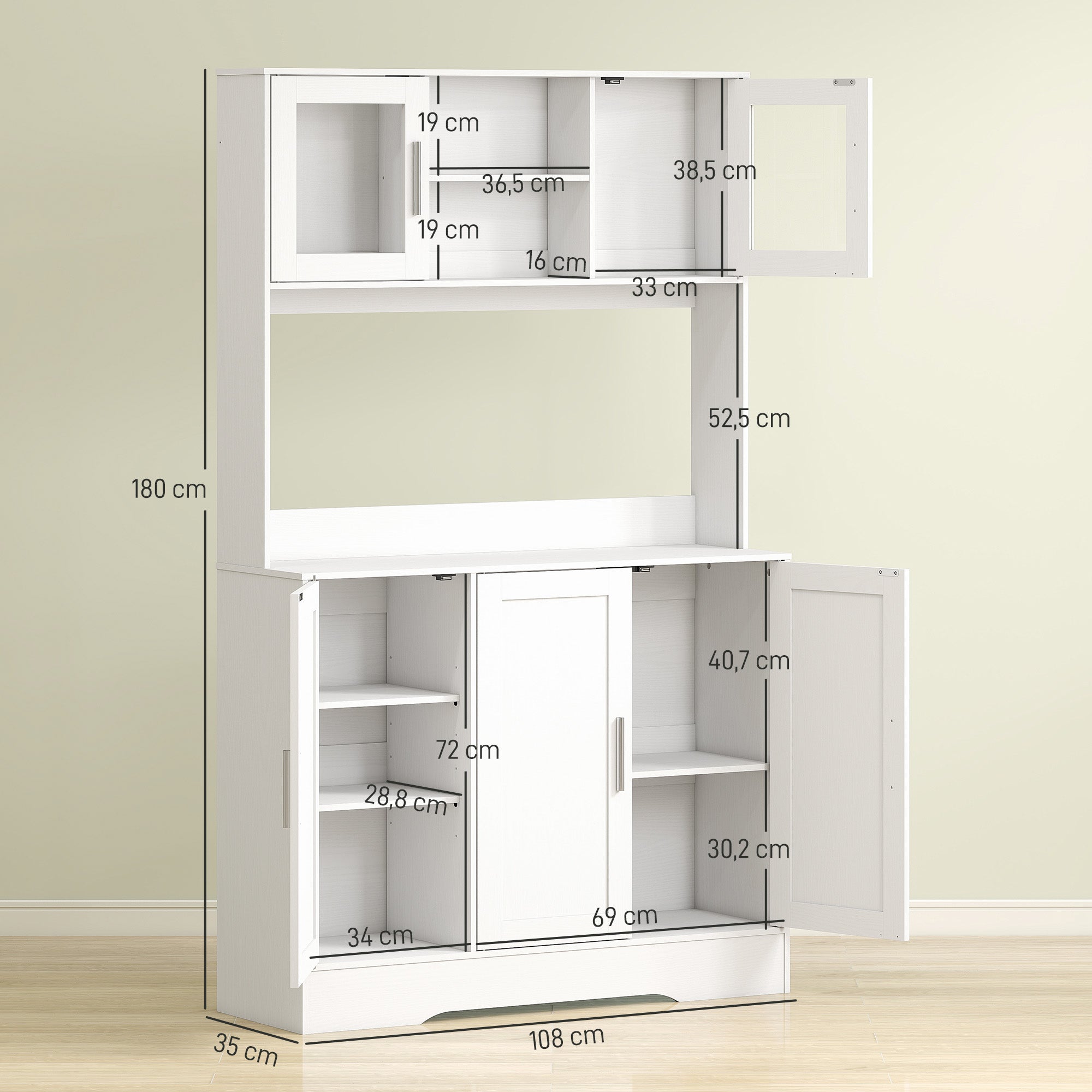 Armoire de cuisine, buffet cuisine meuble de rangement scandinave avec placards, compartiments ouverts, portes vitrées et plan de travail, pour salle à manger, salon, 108 x 35 x 180 cm, blanc