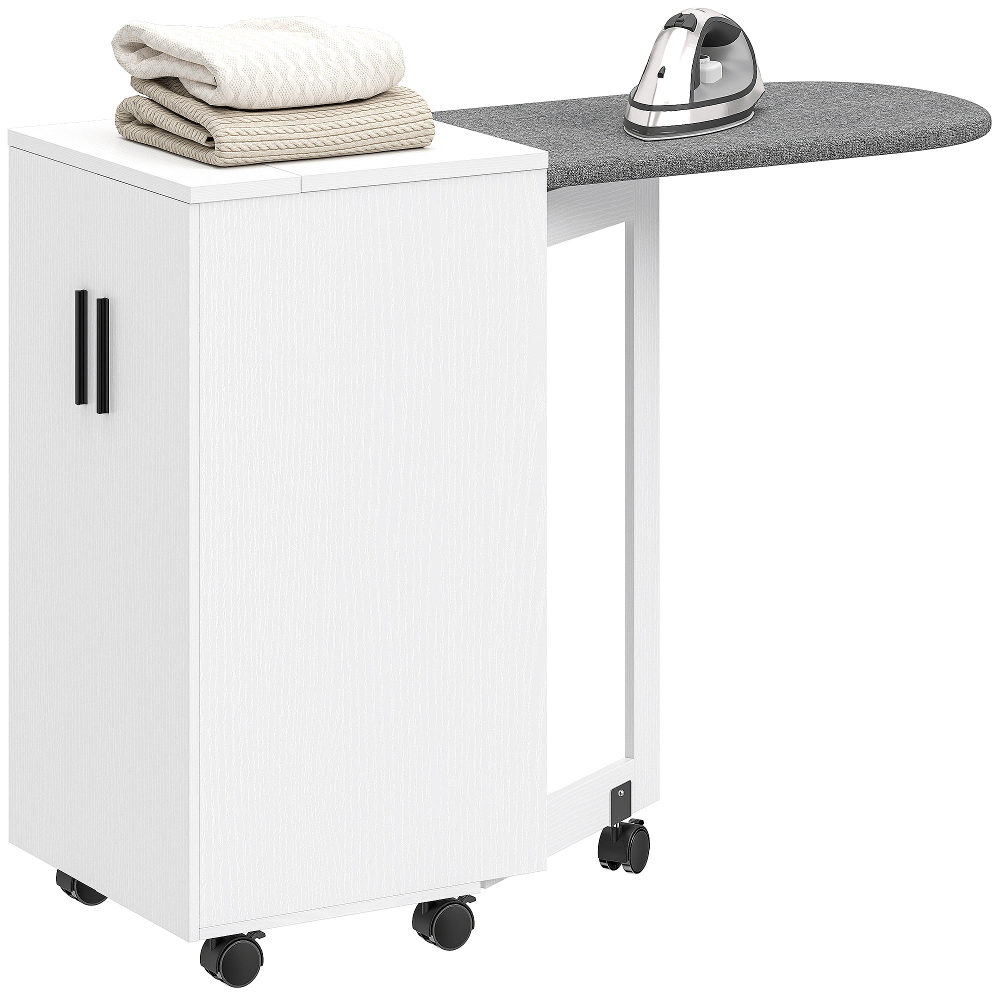 Meuble à repasser 2 en 1, table à repasser pliante sur roulettes avec étagère réglable et charnières à fermeture douce, meuble rangement pour petits espaces, buanderie, 128 x 43 x 83 cm, blanc