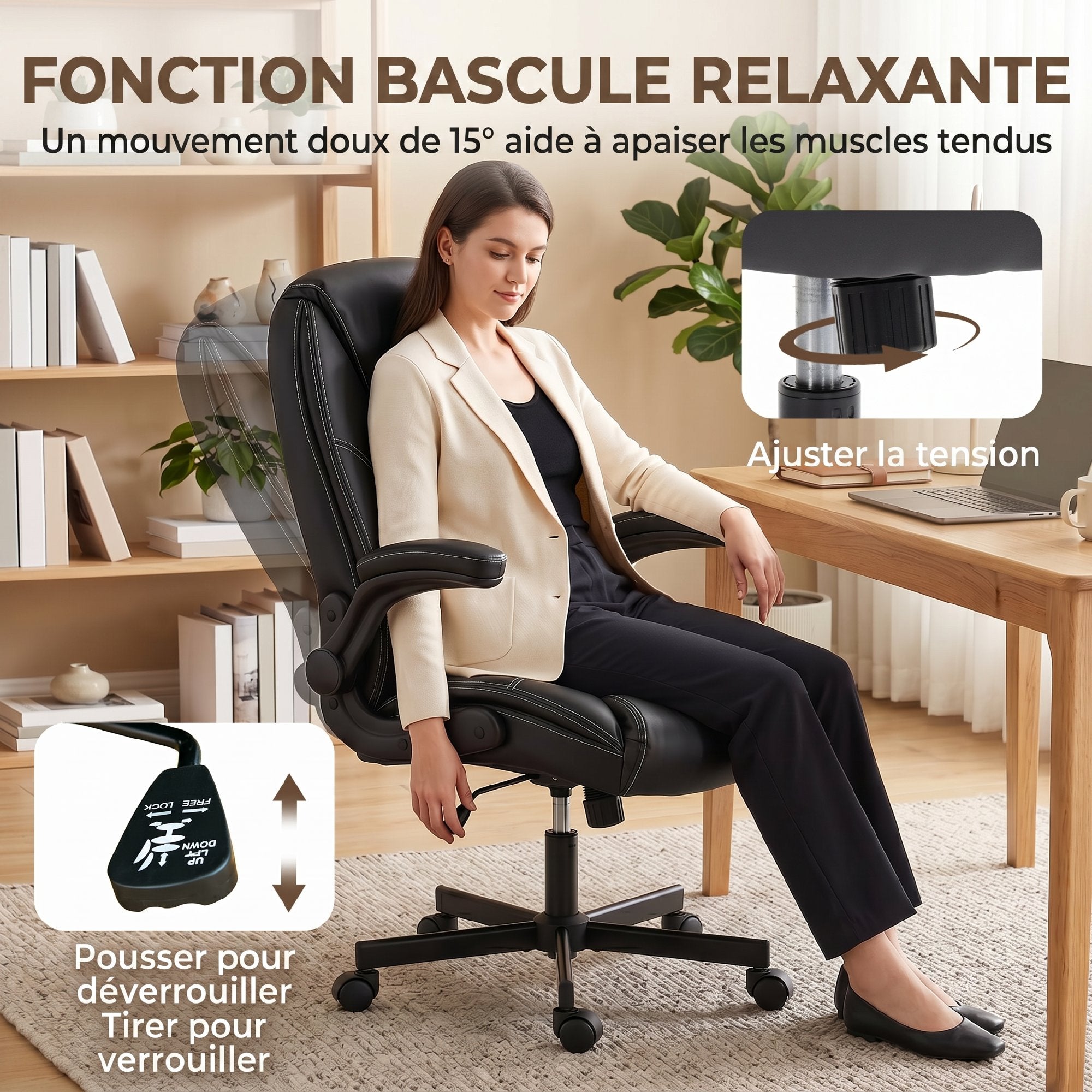 Chaise Bureau Ergonomique, Fauteuil de Bureau en PU, Accoudoirs Relevables, Dossier et Siège Zonés, Hauteur Réglable, Fonction Bascule, Travail Pivotante 360° pour Ordinateur, Noir