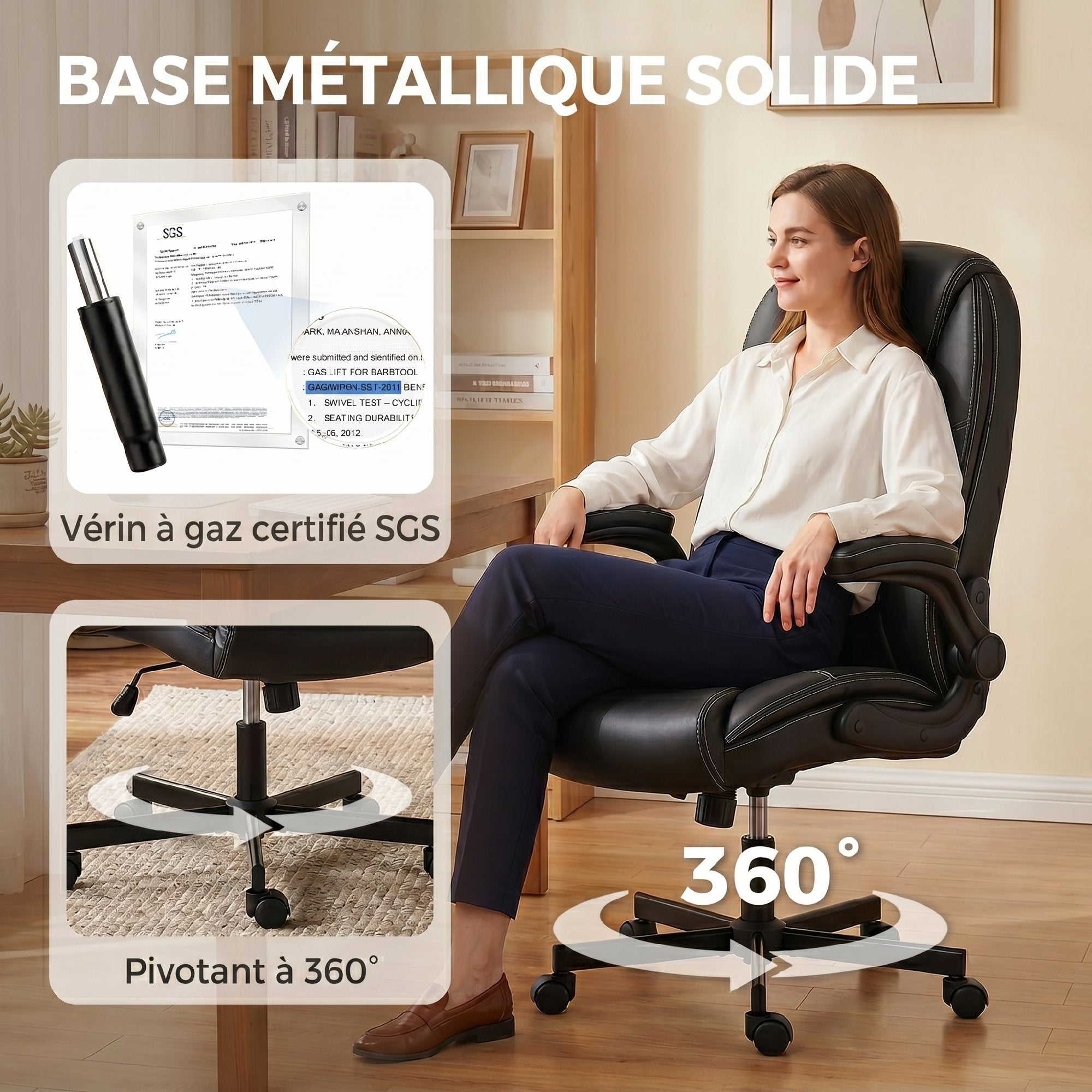 Chaise Bureau Ergonomique, Fauteuil de Bureau en PU, Accoudoirs Relevables, Dossier et Siège Zonés, Hauteur Réglable, Fonction Bascule, Travail Pivotante 360° pour Ordinateur, Noir