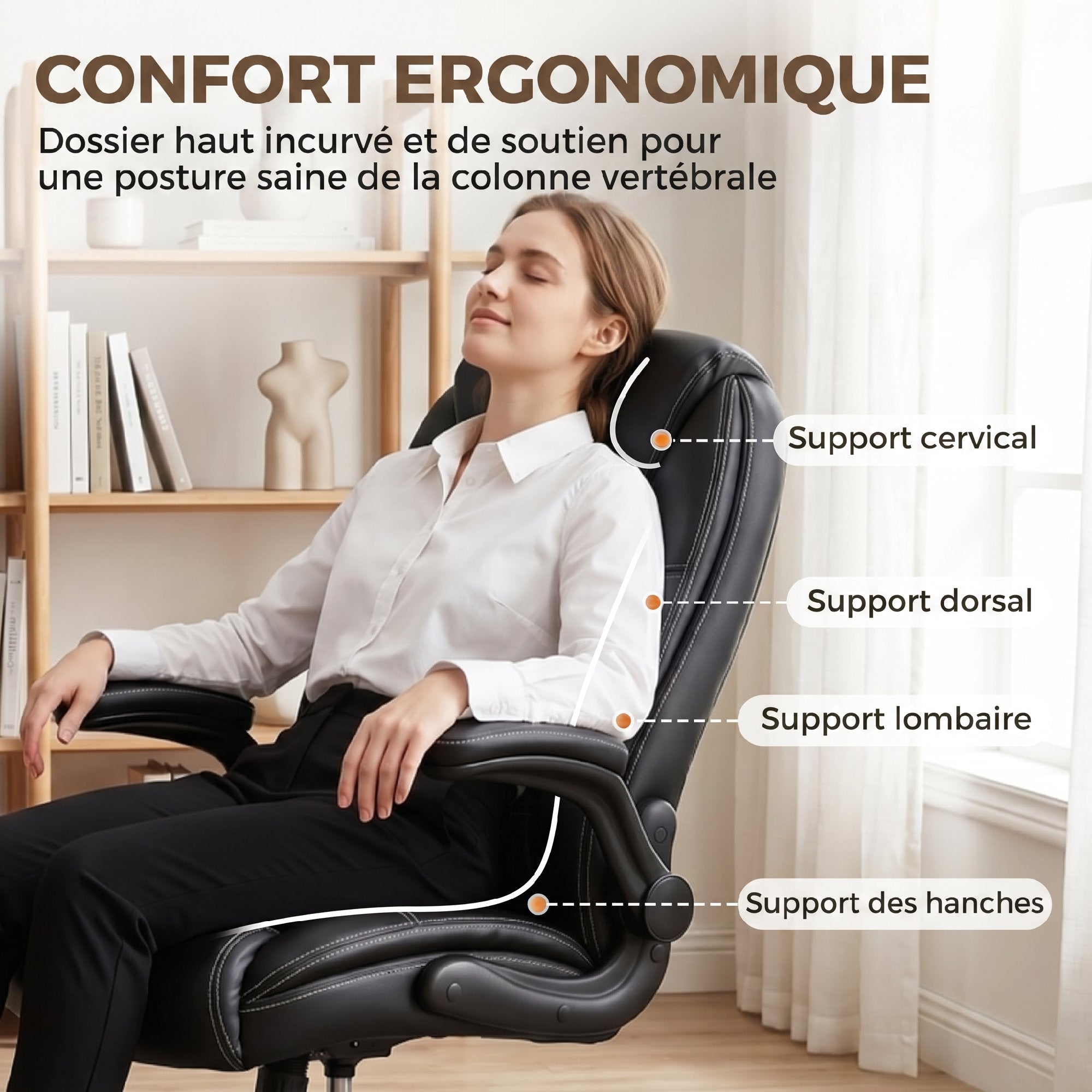 Chaise Bureau Ergonomique, Fauteuil de Bureau en PU, Accoudoirs Relevables, Dossier et Siège Zonés, Hauteur Réglable, Fonction Bascule, Travail Pivotante 360° pour Ordinateur, Noir