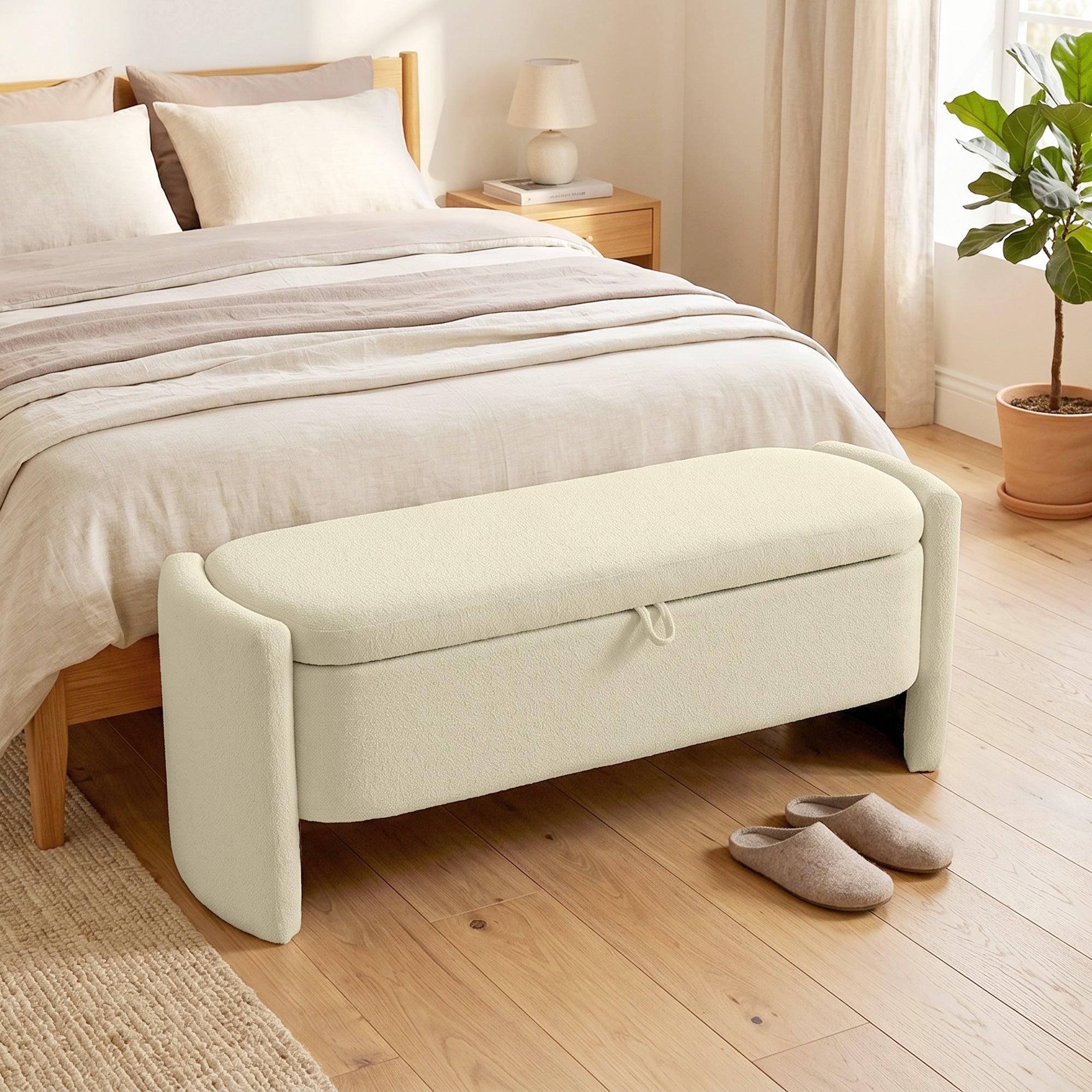Banc Bout de Lit Banquette, 118x42x45cm, Banc de Rangement Rembourré en Tissu Bouclé, Pieds en Bois d'Eucalyptus, Charge 220 Kg, Coffre de Rangement pour Chambre à Coucher ou Entrée, Crème