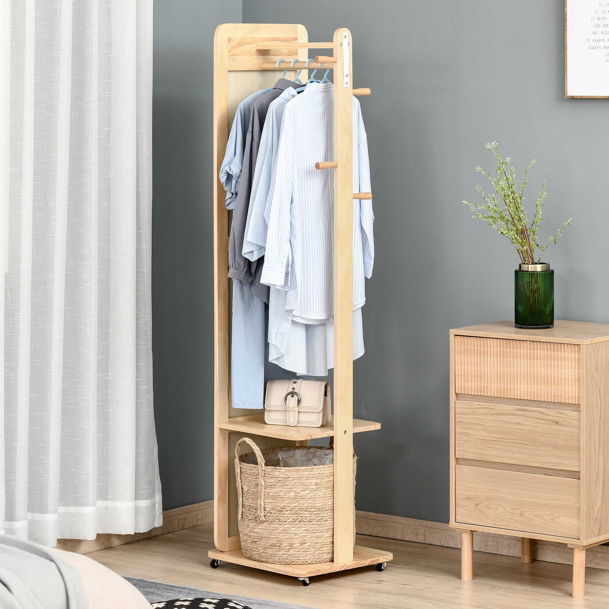 Miroir sur Pied avec roulettes - Portant, 4 patères étagère MDF Aspect Bois Clair