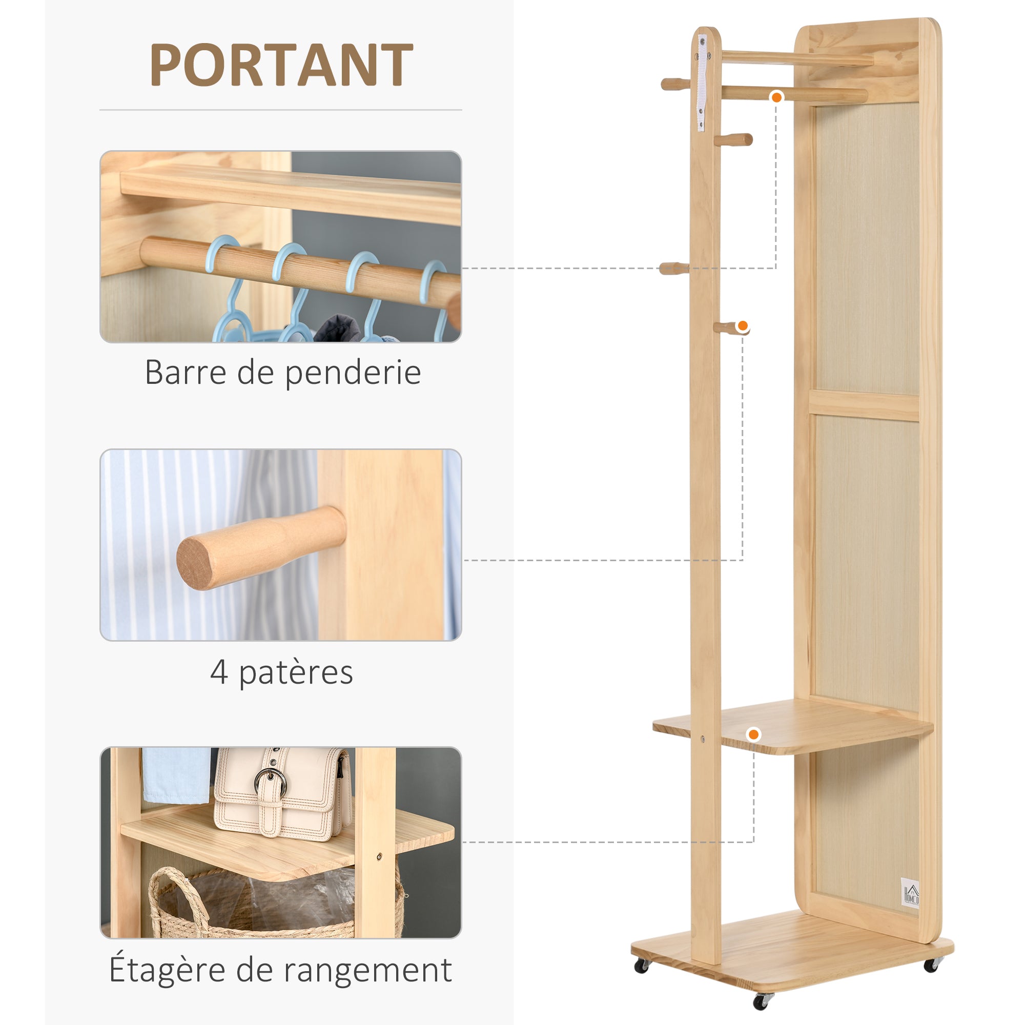 Miroir sur Pied avec roulettes - Portant, 4 patères étagère MDF Aspect Bois Clair