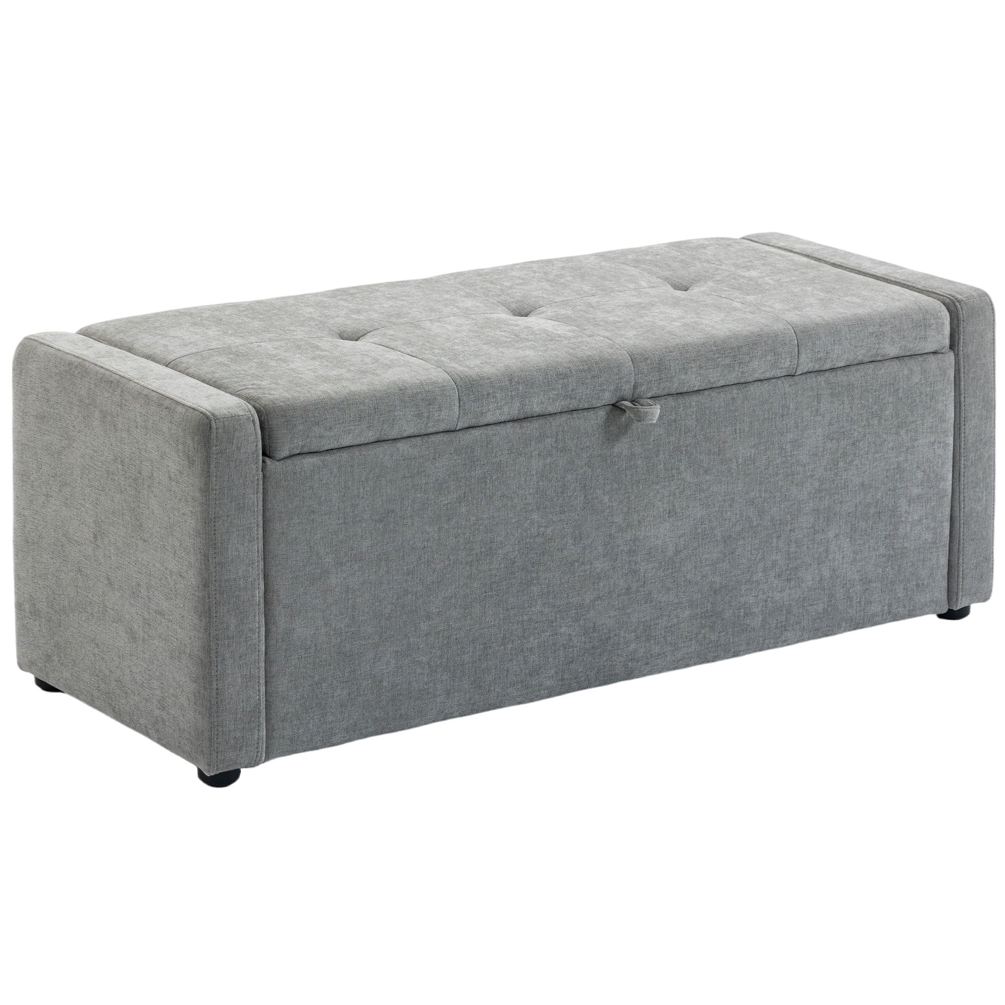 Banc de rangement, bout de lit, repose-pieds rembourré en lin avec assise large et confortable, coffre de rangement pour salon, chambre, entrée, 122 x 48 x 44 cm, gris clair