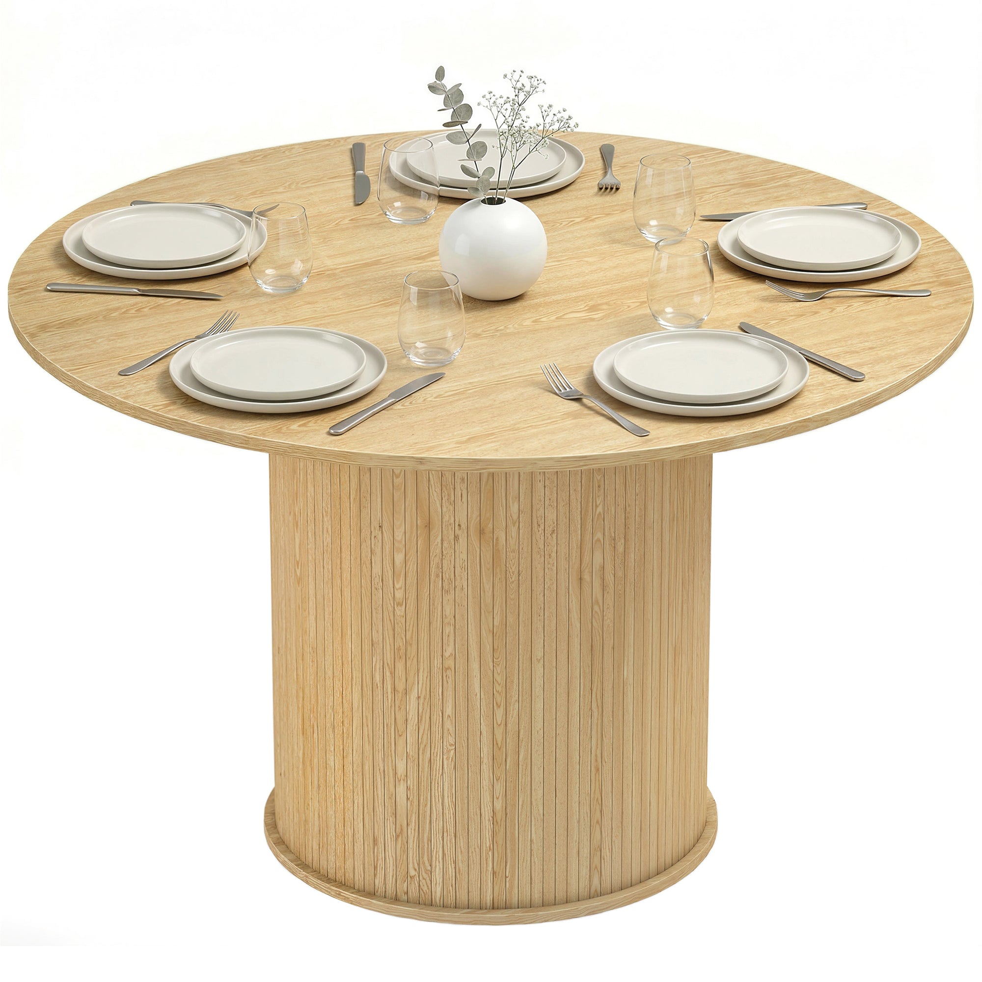 Table à manger ronde pour 5 personnes, Ø 120 x 75 cm, table de cuisine moderne avec large plateau et base cylindrique cannelée, pour salon, salle à manger, bois naturel
