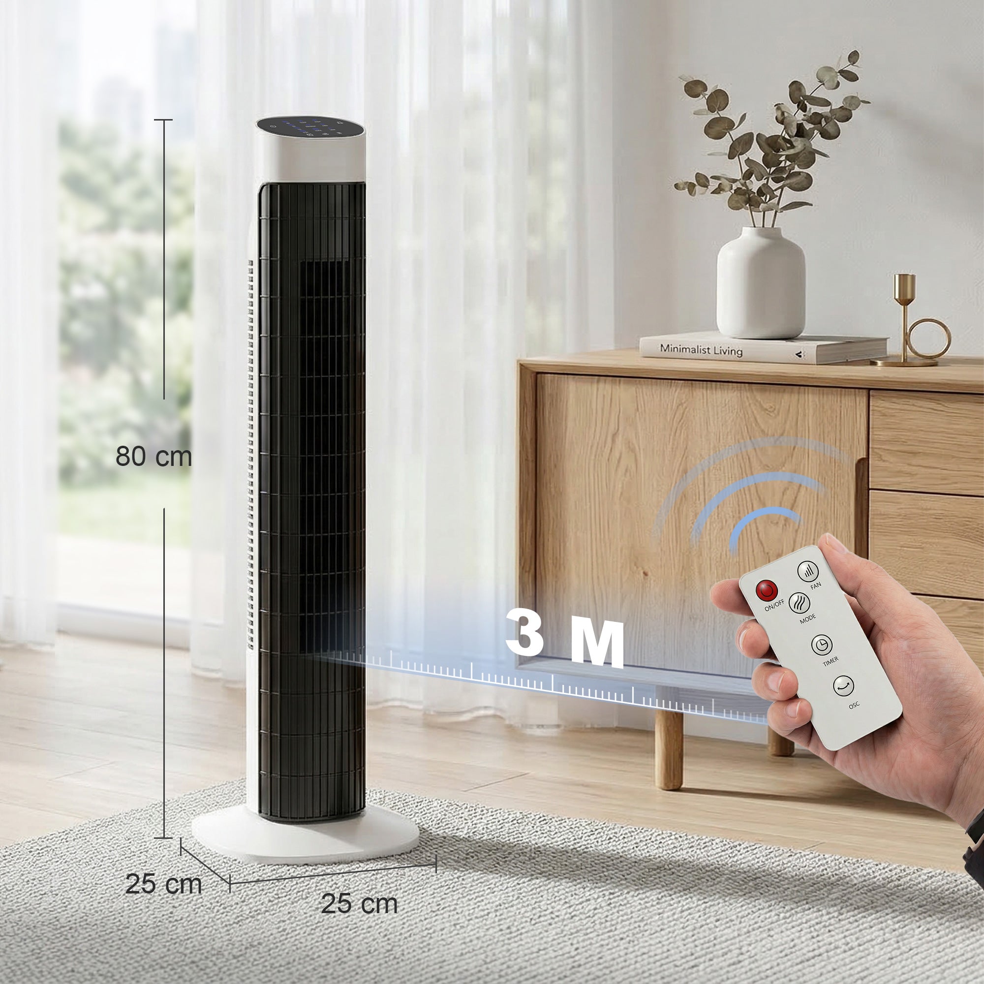 Ventilateur colonne, ventilateur tour pour chambre, 80 cm de haut, oscillant à 70°, écran LED, télécommande, 3 vitesses, minuterie 12H, blanc et noir