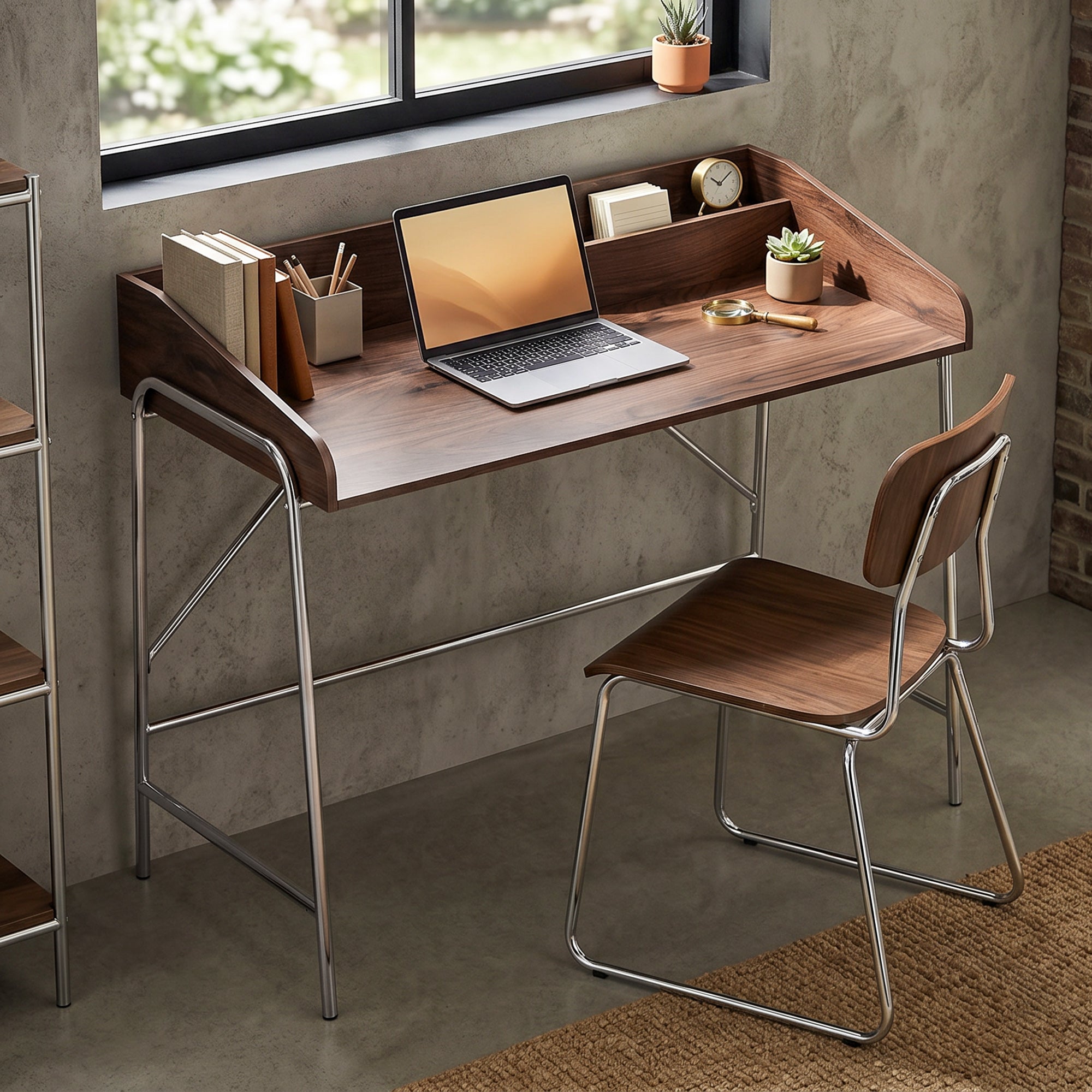 Bureau, bureau d'ordinateur 109 cm avec rebord de sécurité et structure en métal, facile à monter, table d'ordinateur moderne pour petit espace, travail à domicile ou étude, noyer