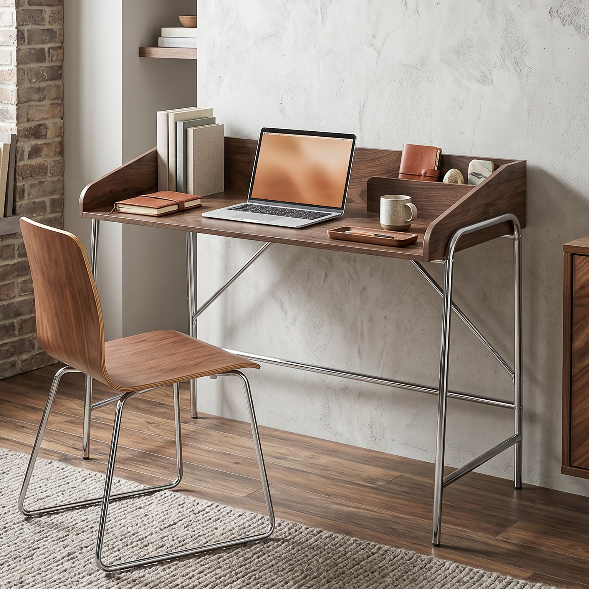 Bureau, bureau d'ordinateur 109 cm avec rebord de sécurité et structure en métal, facile à monter, table d'ordinateur moderne pour petit espace, travail à domicile ou étude, noyer