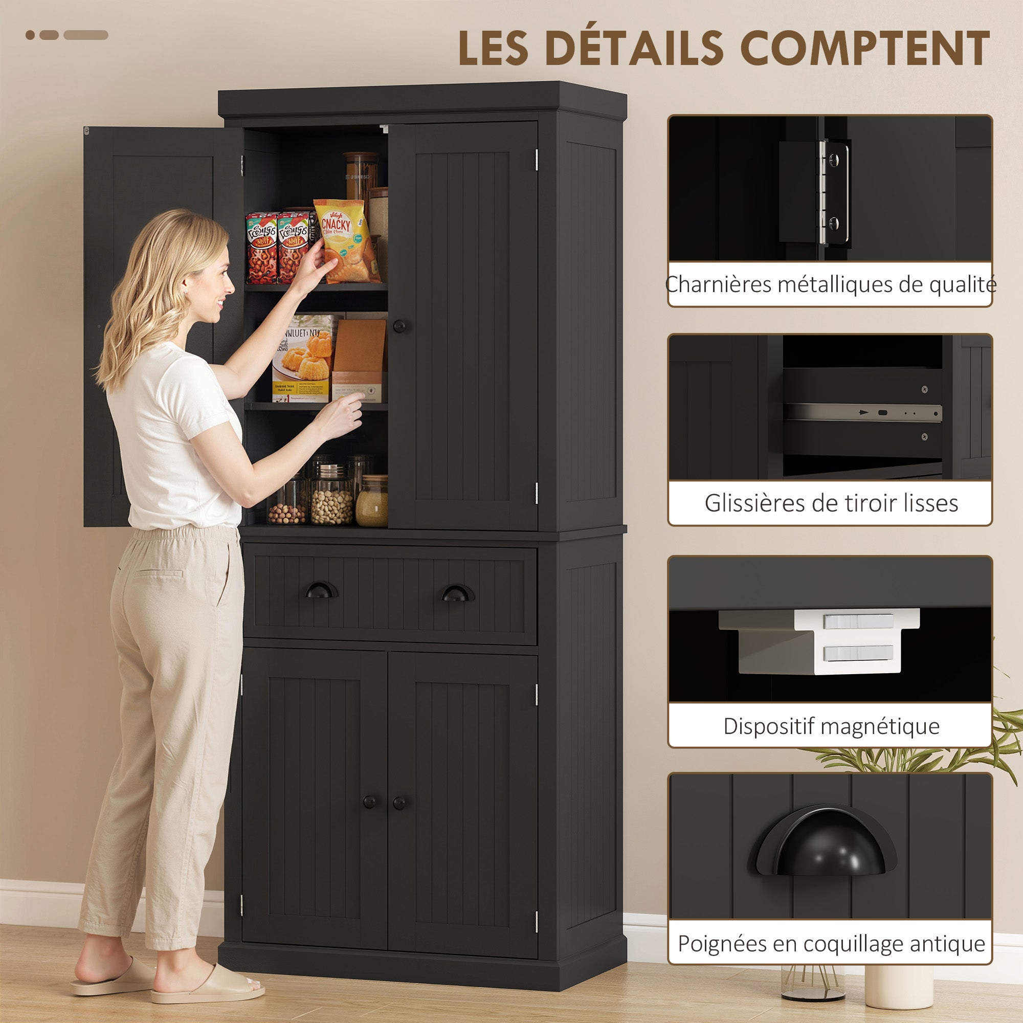 Buffet haut cuisine, armoire de cuisine, vaisselier avec 4 portes, tiroir et étagères réglables, meuble de rangement pour salon, salle à manger, 76,2 x 40,2 x 183 cm, noir