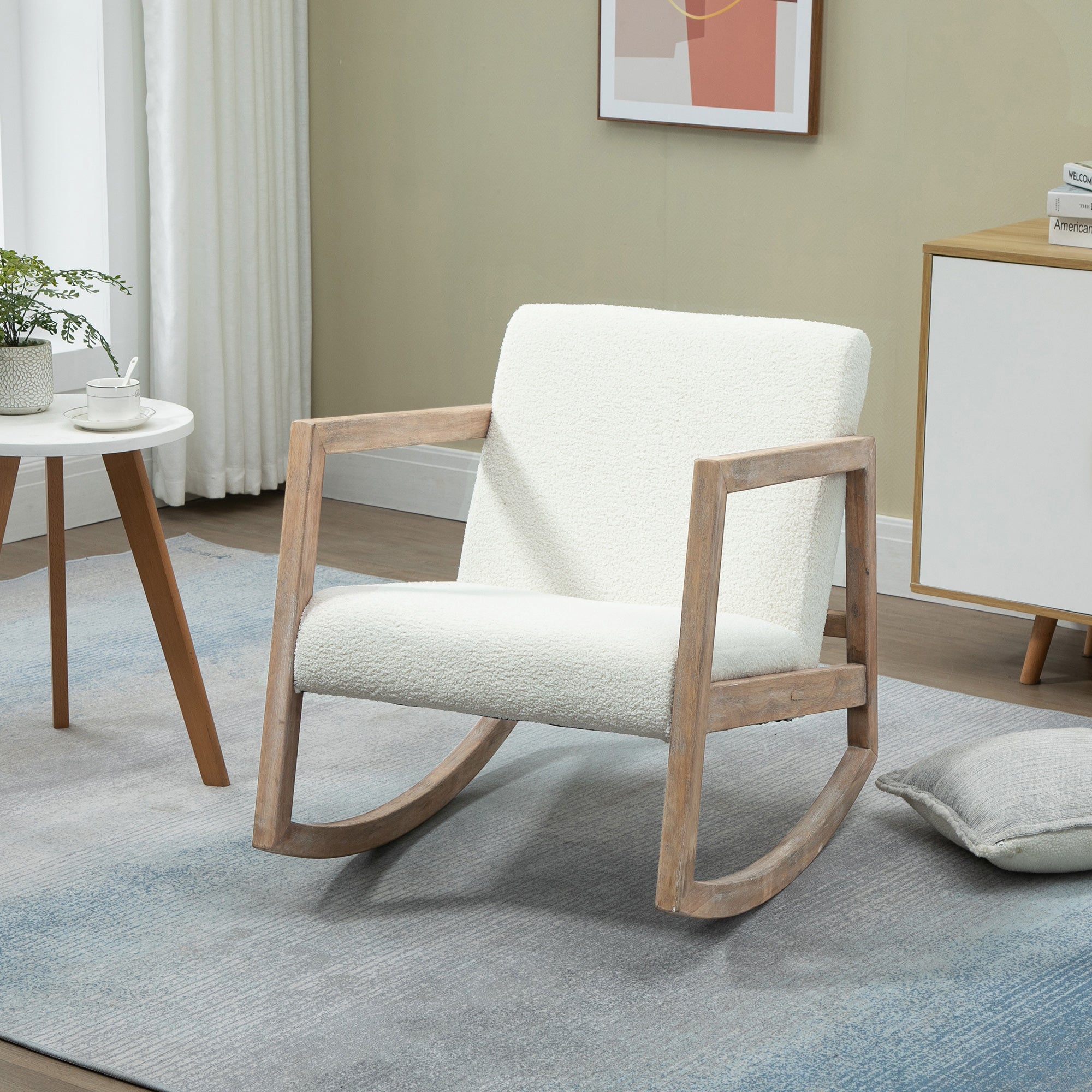 Fauteuil à bascule fauteuil allaitement rocking chair en tissu effet laine bouclée avec pieds en bois massif d'hévéa, chaise à bascule pour chambre, salon - 60 x 81 x 71 cm blanc crème