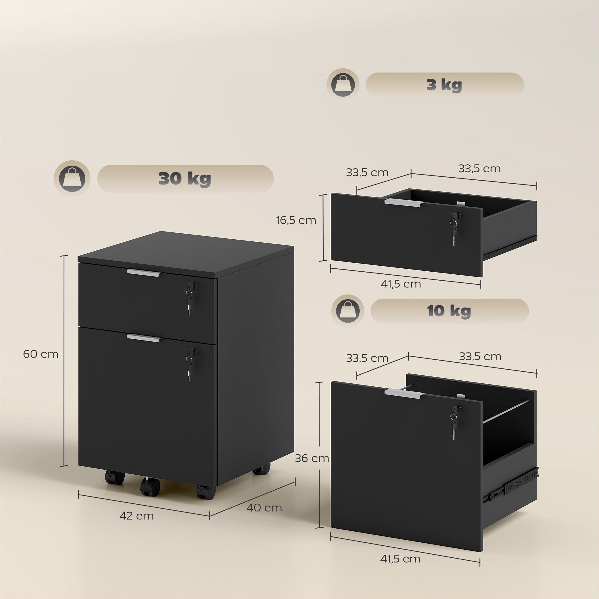 Caisson de bureau, meuble de rangement 2 tiroirs 2 barres de suspension dossier suspendu, verrouillable 2 clés, 4 roulettes 42x40x60 cm noir