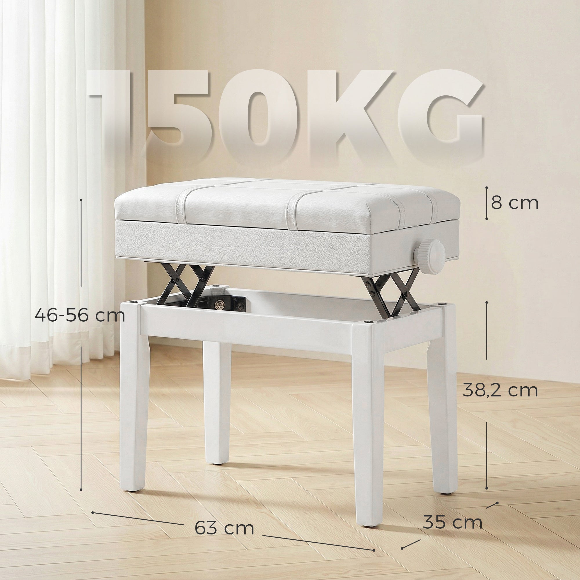 Banc de piano, banc de clavier réglable en hauteur en bois massif, tabouret piano avec compartiment caché, siège rembourré polyuréthane, stable et antidérapant, charge 150kg, blanc