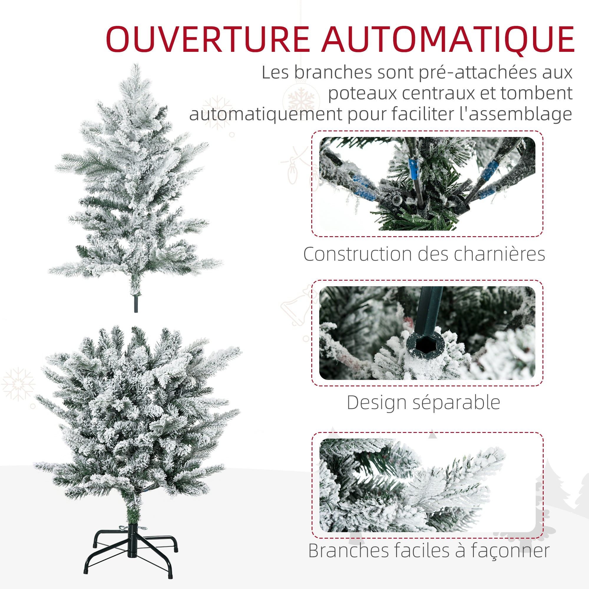 Sapin de Noël artificiel 135 cm, pin naturel enneigé, 267 branches de neige, ouverture automatique, base en acier, vert