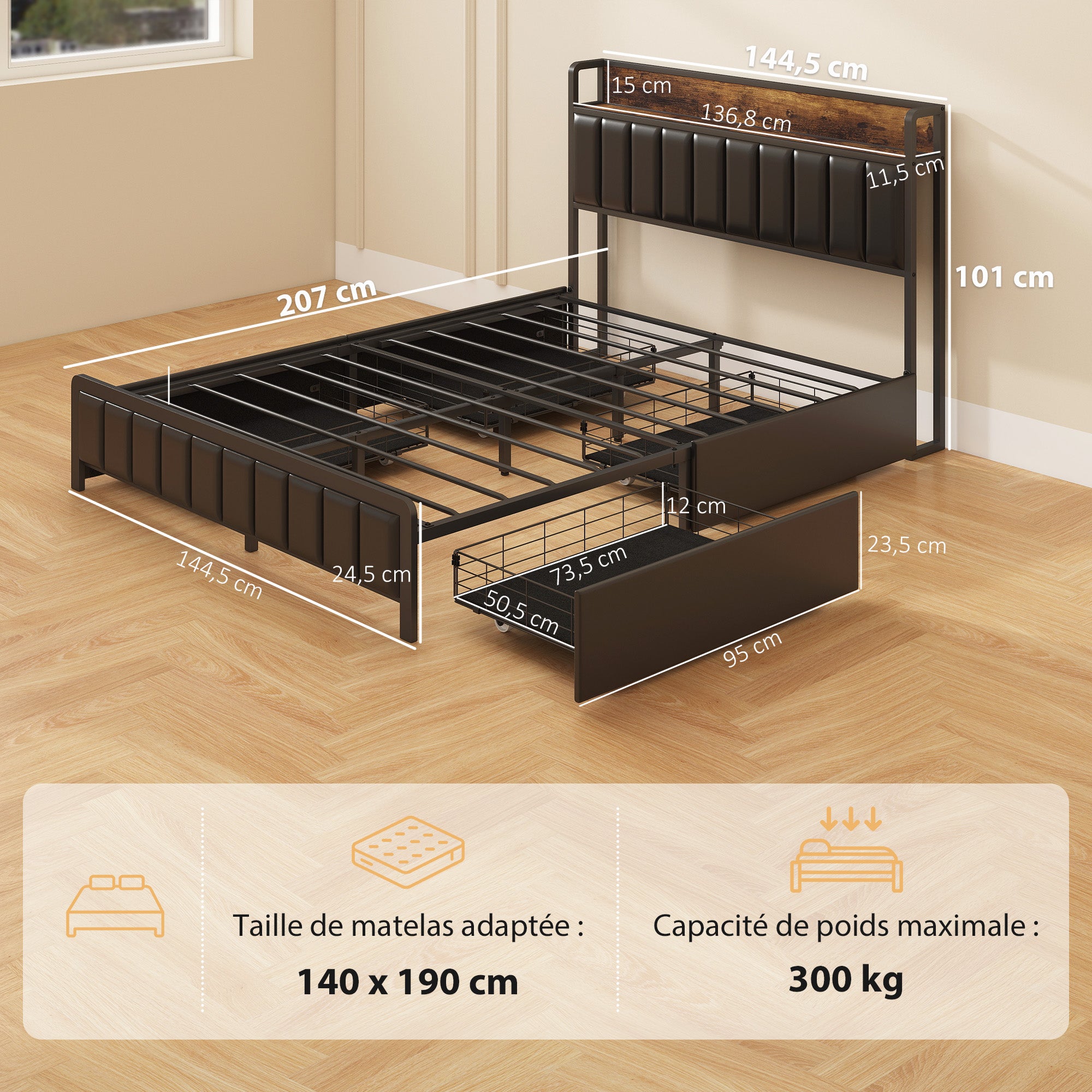 Cadre de lit 140 x 190 cm avec sommier à lattes en métal, lit double rembourré en cuir synthétique avec tête de lit, pied de lit, 4 tiroirs et étagère, sans bruit, style industriel, noir