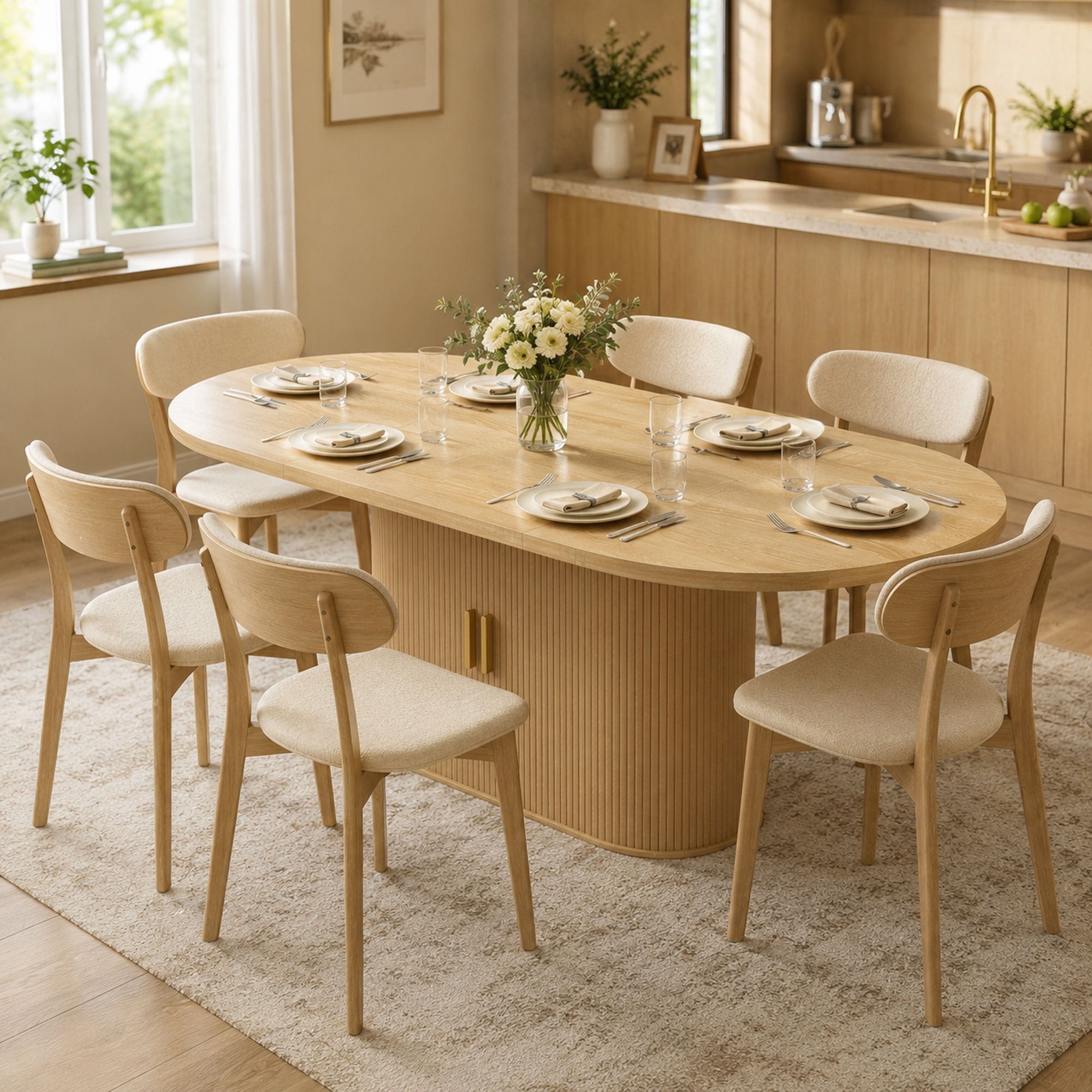 Table à Manger Ovale pour 6 personnes, 180x80x75cm - Table de Cuisine Moderne avec Portes Coulissantes, 6 Compartiments - Style Farmhouse Moderne, pour Salle à Manger, Cuisine, Salon, Chêne
