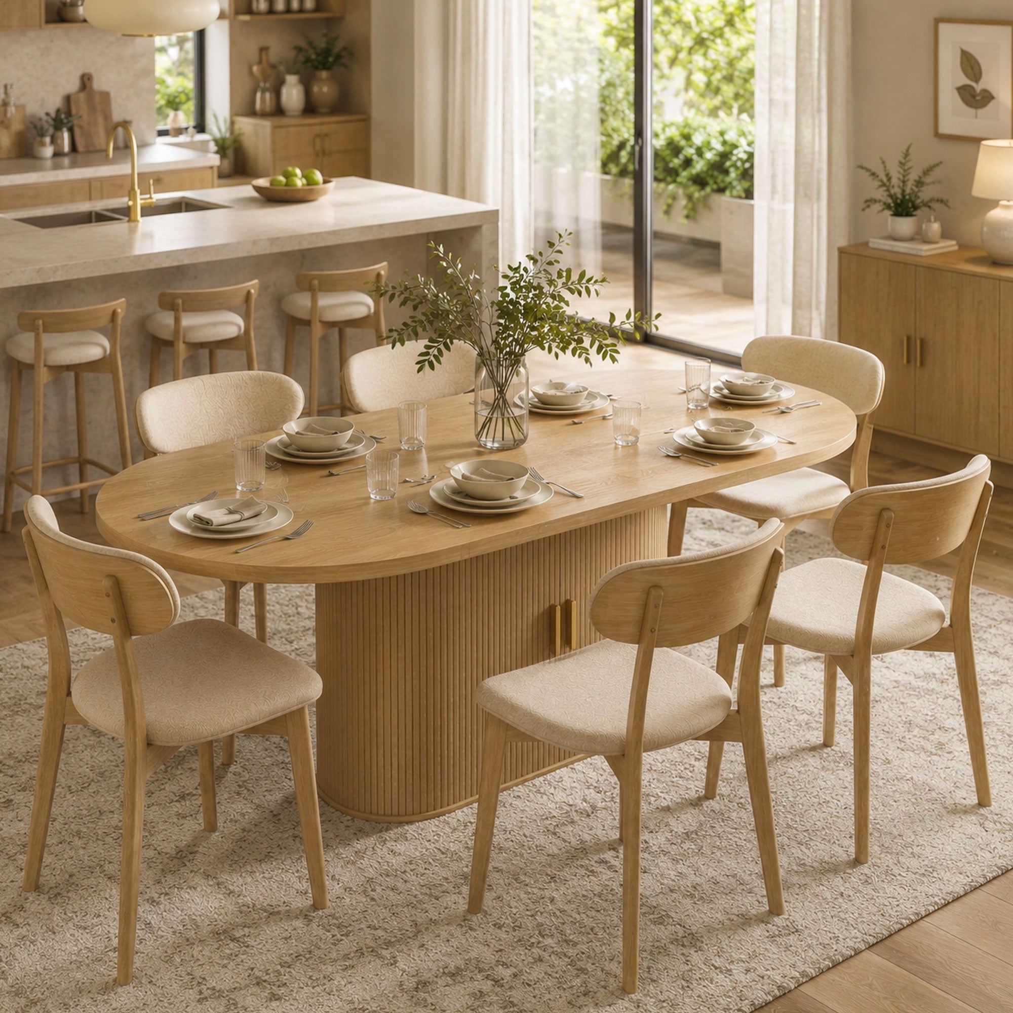 Table à Manger Ovale pour 6 personnes, 180x80x75cm - Table de Cuisine Moderne avec Portes Coulissantes, 6 Compartiments - Style Farmhouse Moderne, pour Salle à Manger, Cuisine, Salon, Chêne