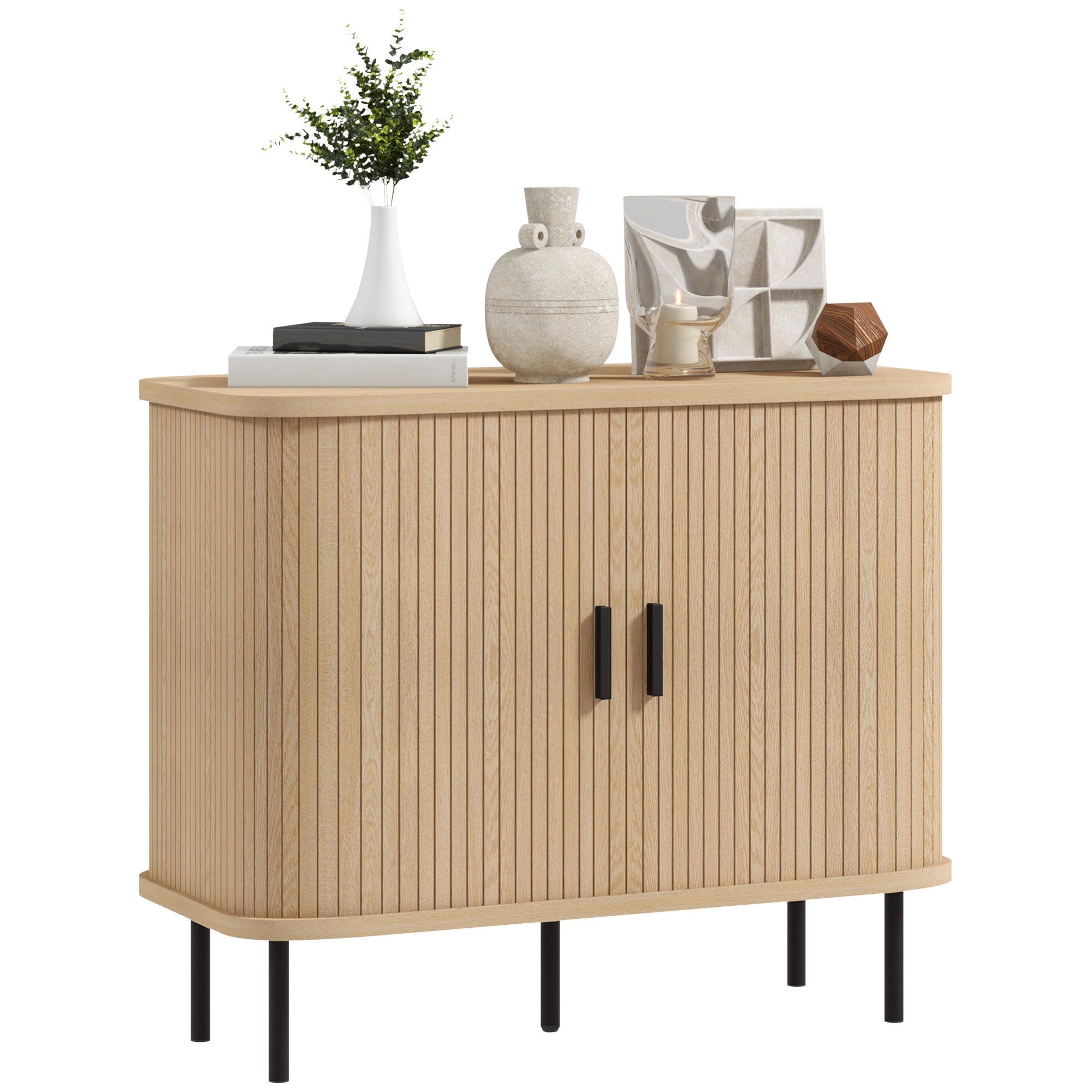 Buffet meuble de rangement avec portes coulissantes à lattes, armoire de cuisine avec pieds en acier, dim. 90L x 40l x 75H cm ton chêne