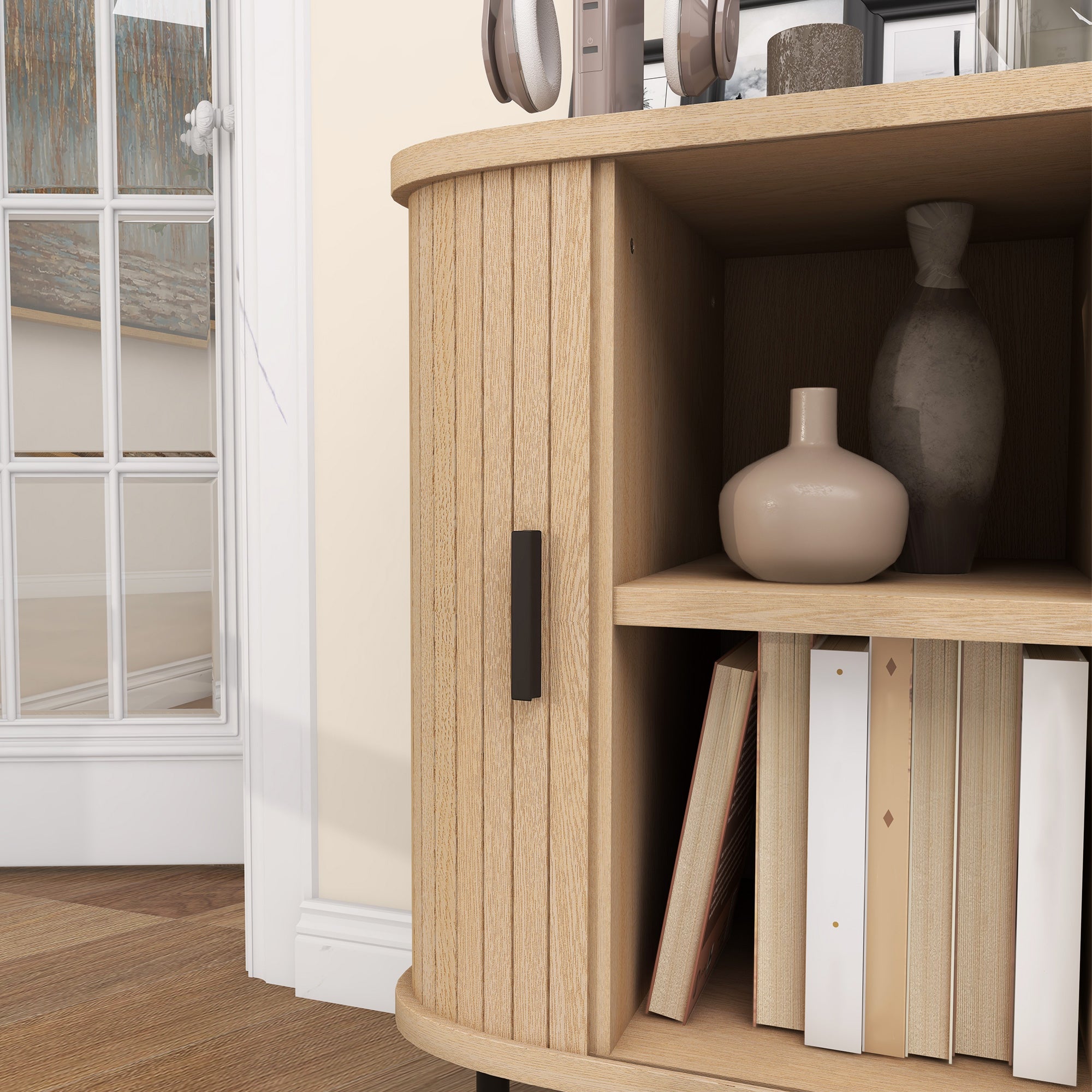 Buffet meuble de rangement avec portes coulissantes à lattes, armoire de cuisine avec pieds en acier, dim. 90L x 40l x 75H cm ton chêne
