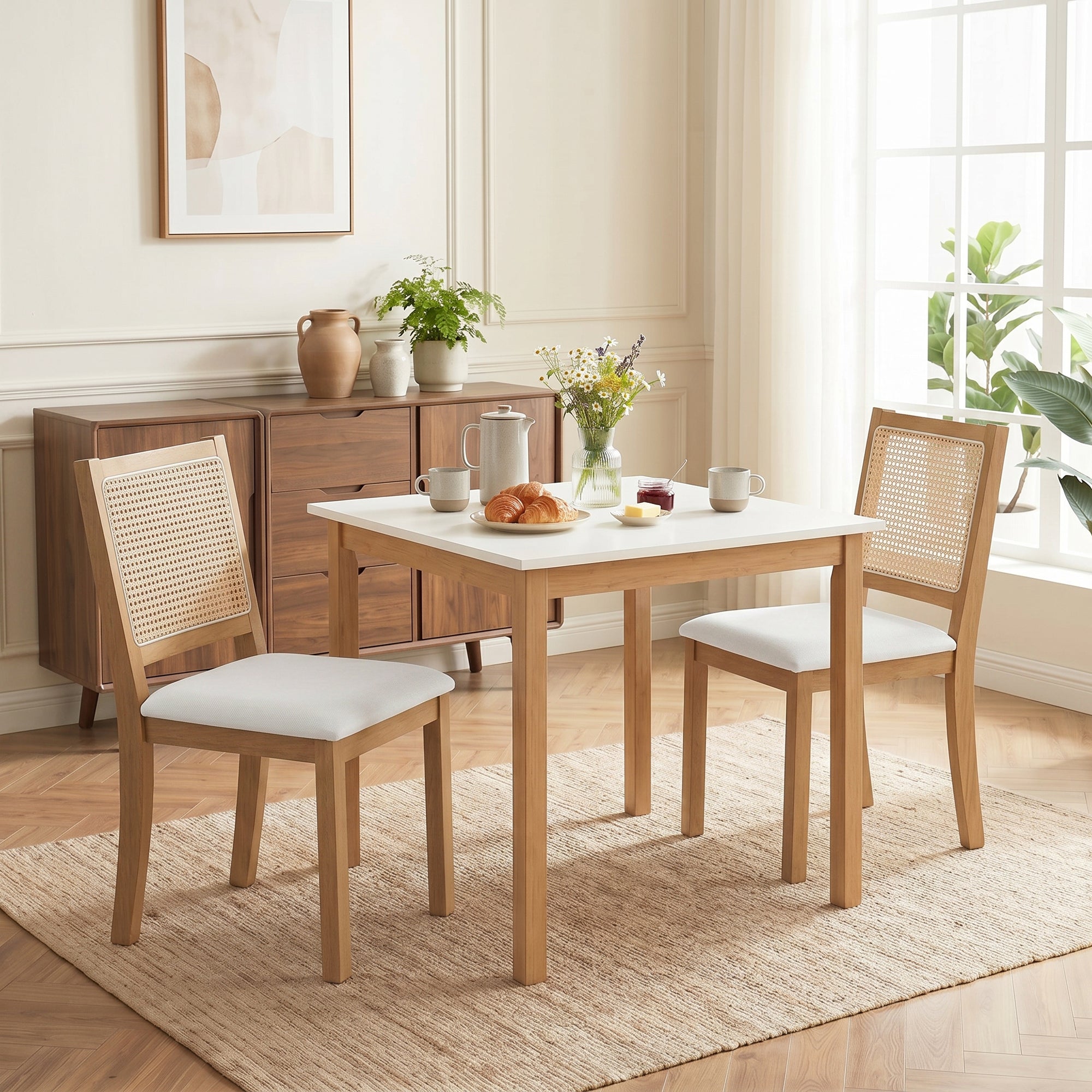 Lot de 2 chaises de salle à manger, chaises de cuisine avec assise rembourrée, dossier effet rotin, structure en bois d'hévéa massif, tissu aspect lin, crème et chêne