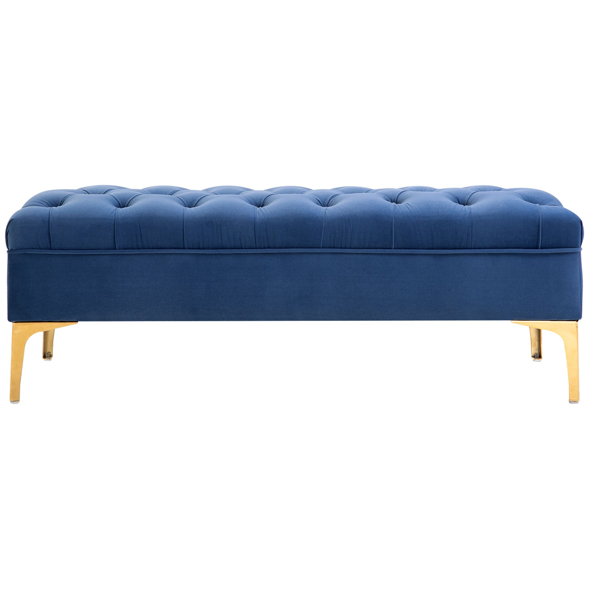 Banc banquette capitonnée bout de lit style classique chic dim. 118L x 45l x 42H cm piètement métal doré velours bleu