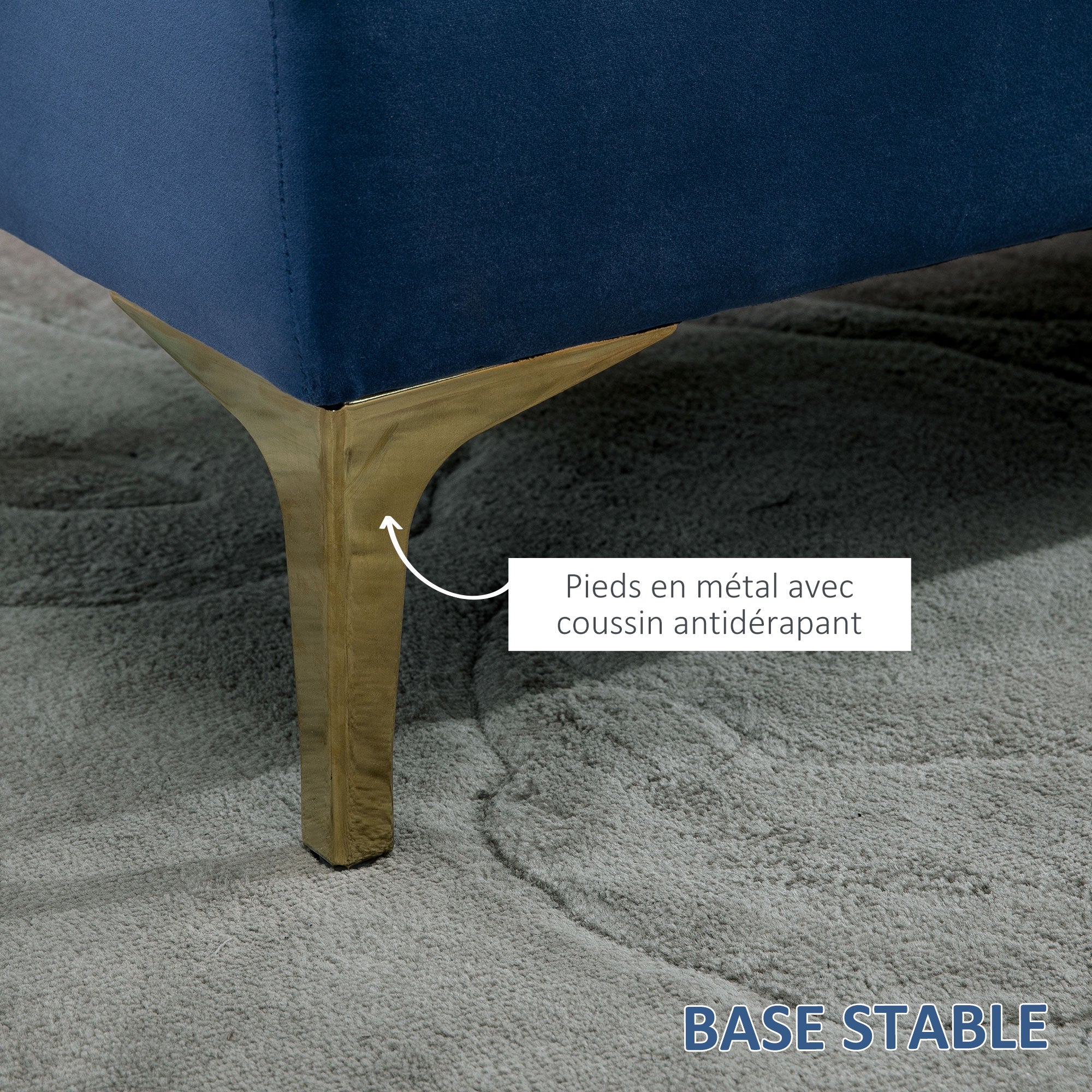 Banc banquette capitonnée bout de lit style classique chic dim. 118L x 45l x 42H cm piètement métal doré velours bleu