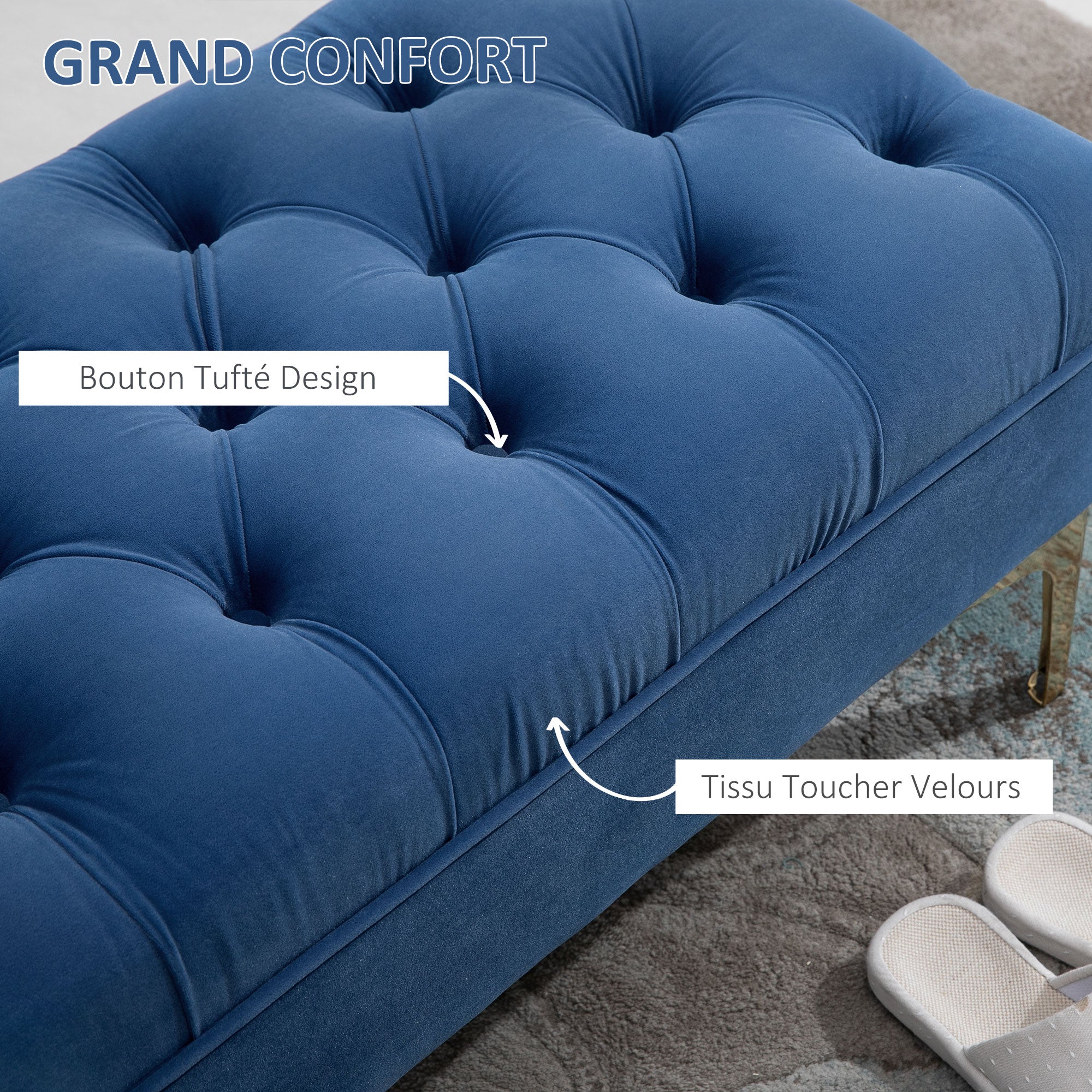 Banc banquette capitonnée bout de lit style classique chic dim. 118L x 45l x 42H cm piètement métal doré velours bleu