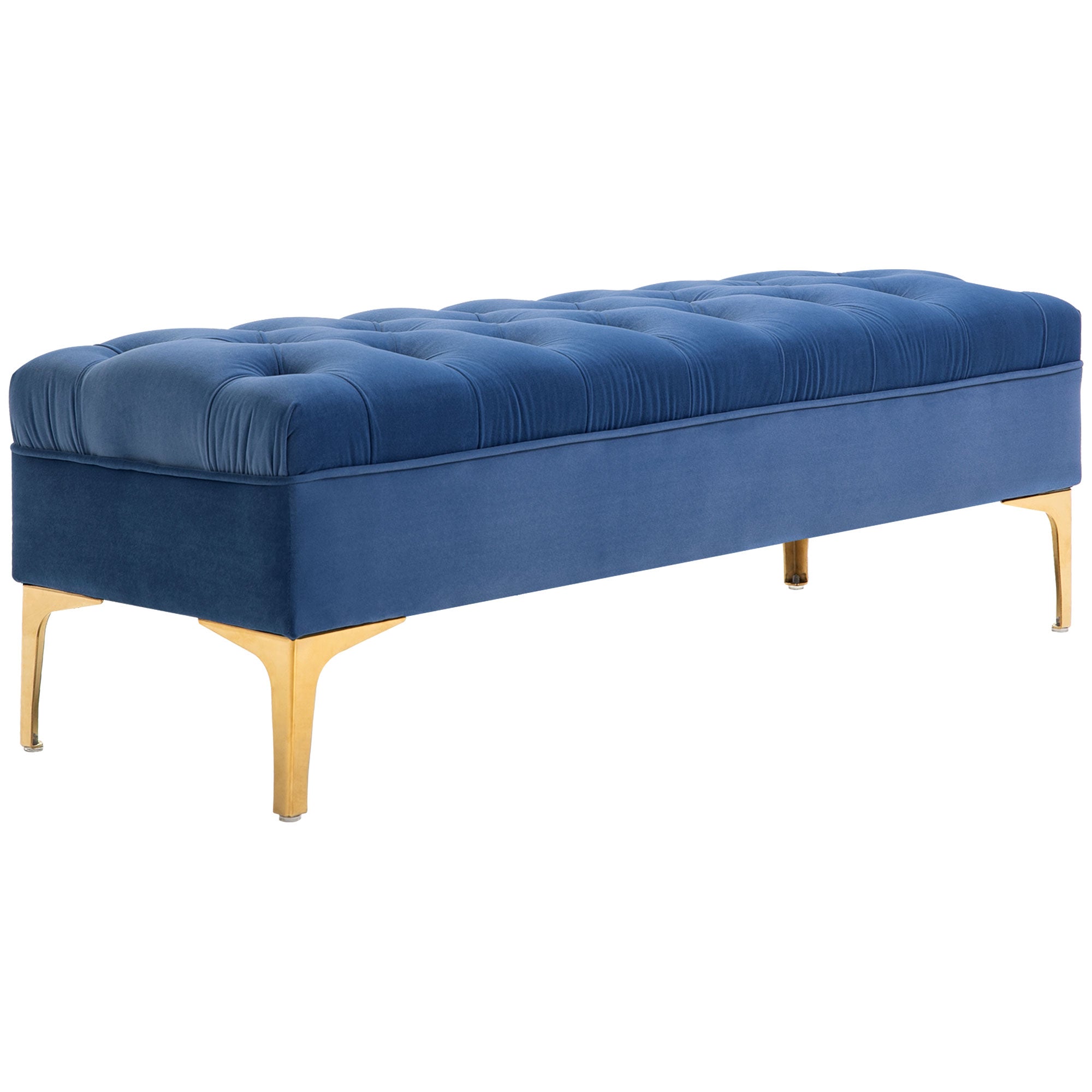 Banc banquette capitonnée bout de lit style classique chic dim. 118L x 45l x 42H cm piètement métal doré velours bleu