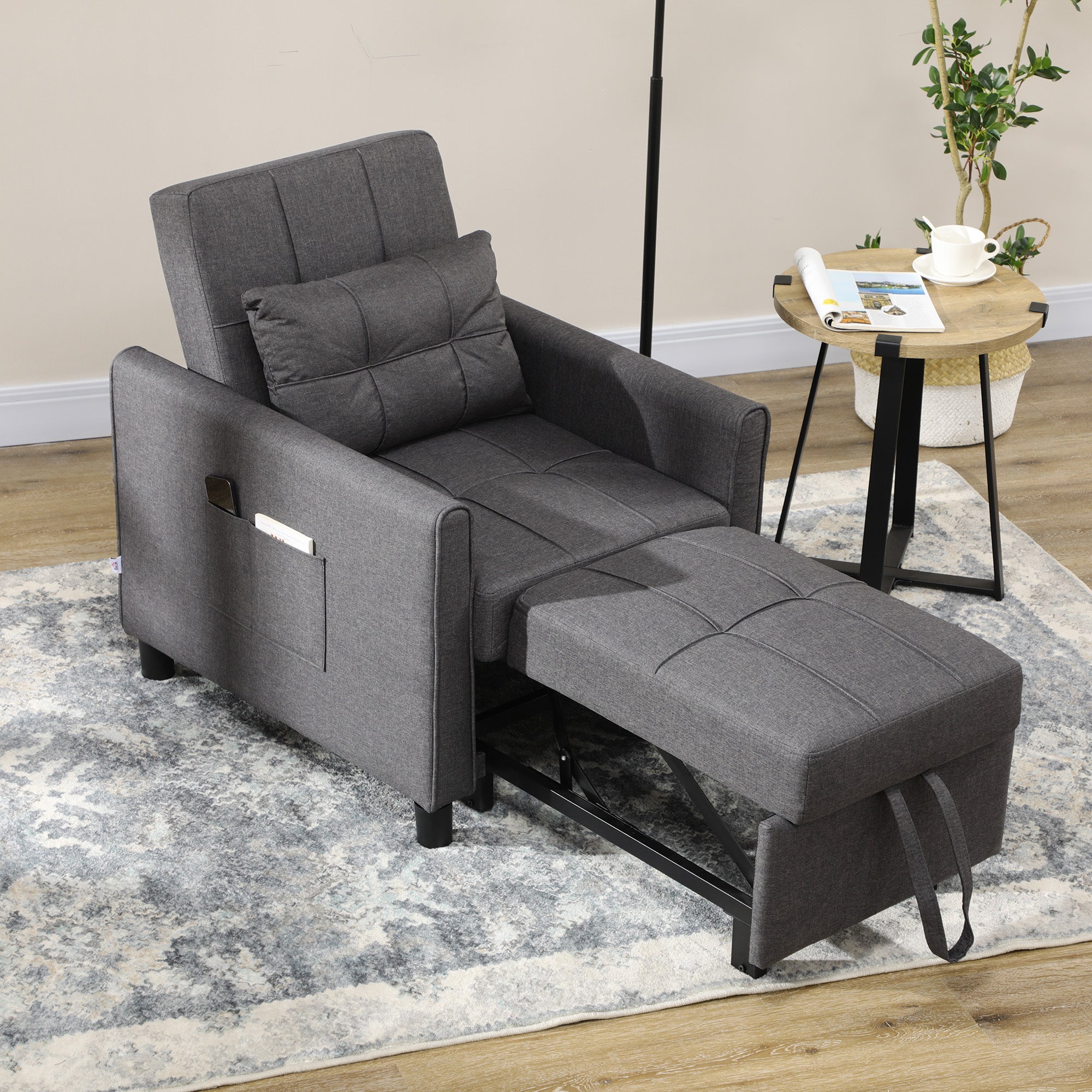 Fauteuil convertible 1 place 3 en 1, fauteuil lit avec dossier réglable en 3 positions, oreiller inclus et 2 poches latérales, canapé-lit 1 place pour invités, salon, bureau, gris