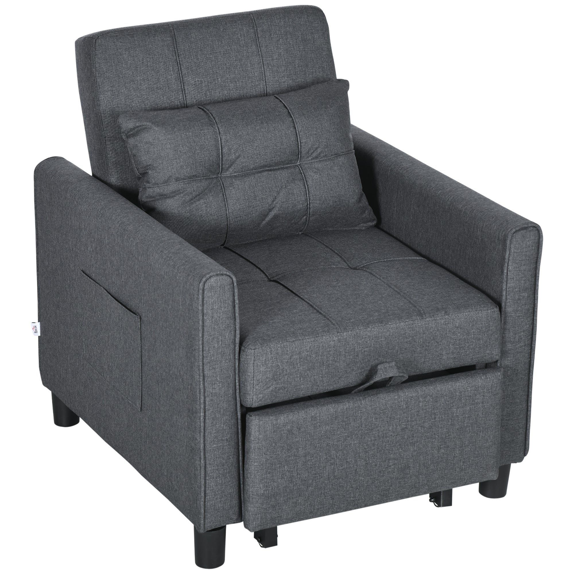 Fauteuil convertible 1 place 3 en 1, fauteuil lit avec dossier réglable en 3 positions, oreiller inclus et 2 poches latérales, canapé-lit 1 place pour invités, salon, bureau, gris