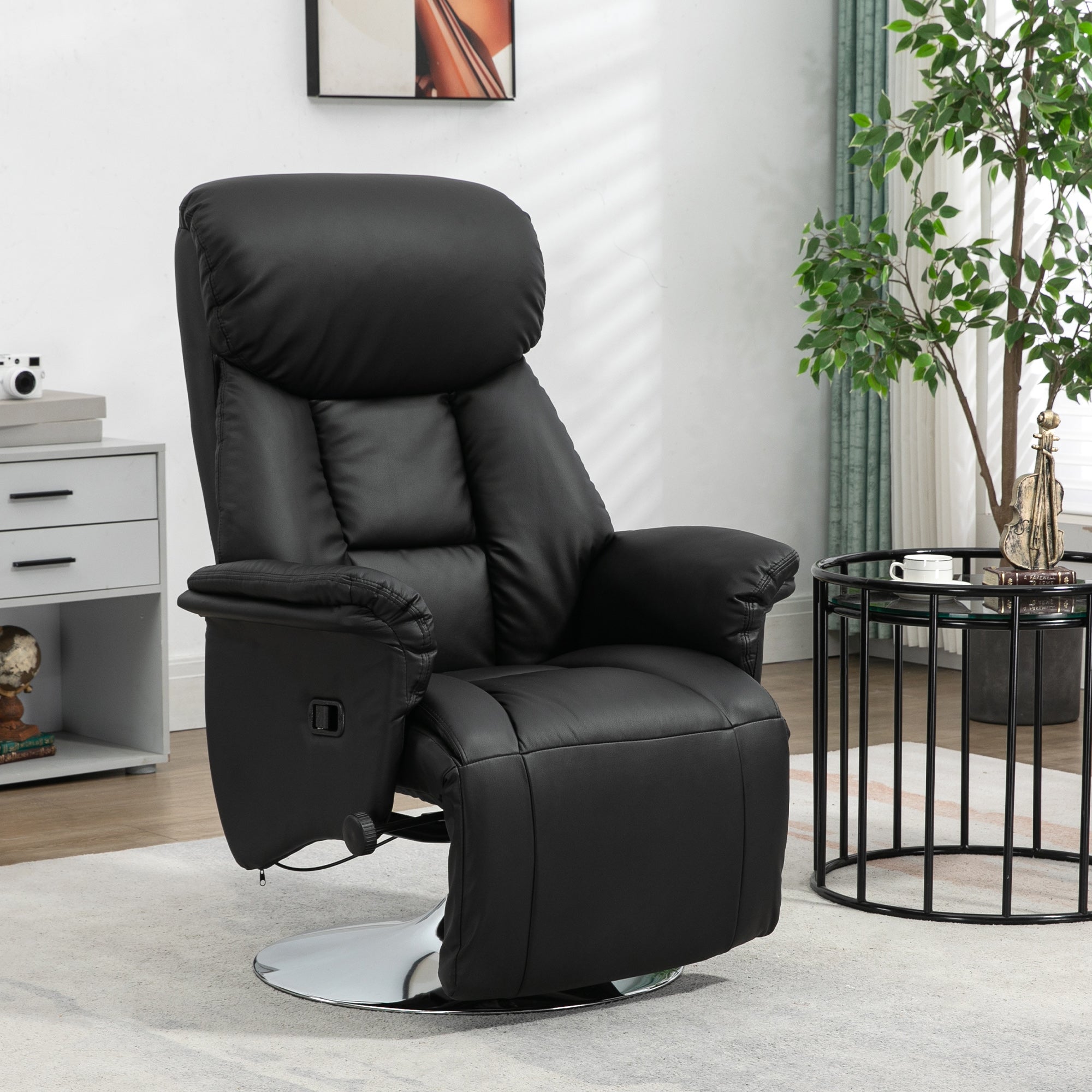 Fauteuil de relaxation fauteuil relax de salon inclinable pivotant repose-pied réglable accoudoirs, chaise TV en similicuir synthétique, jusqu'à 150 kg, pour salon, chambre, home cinéma, noir