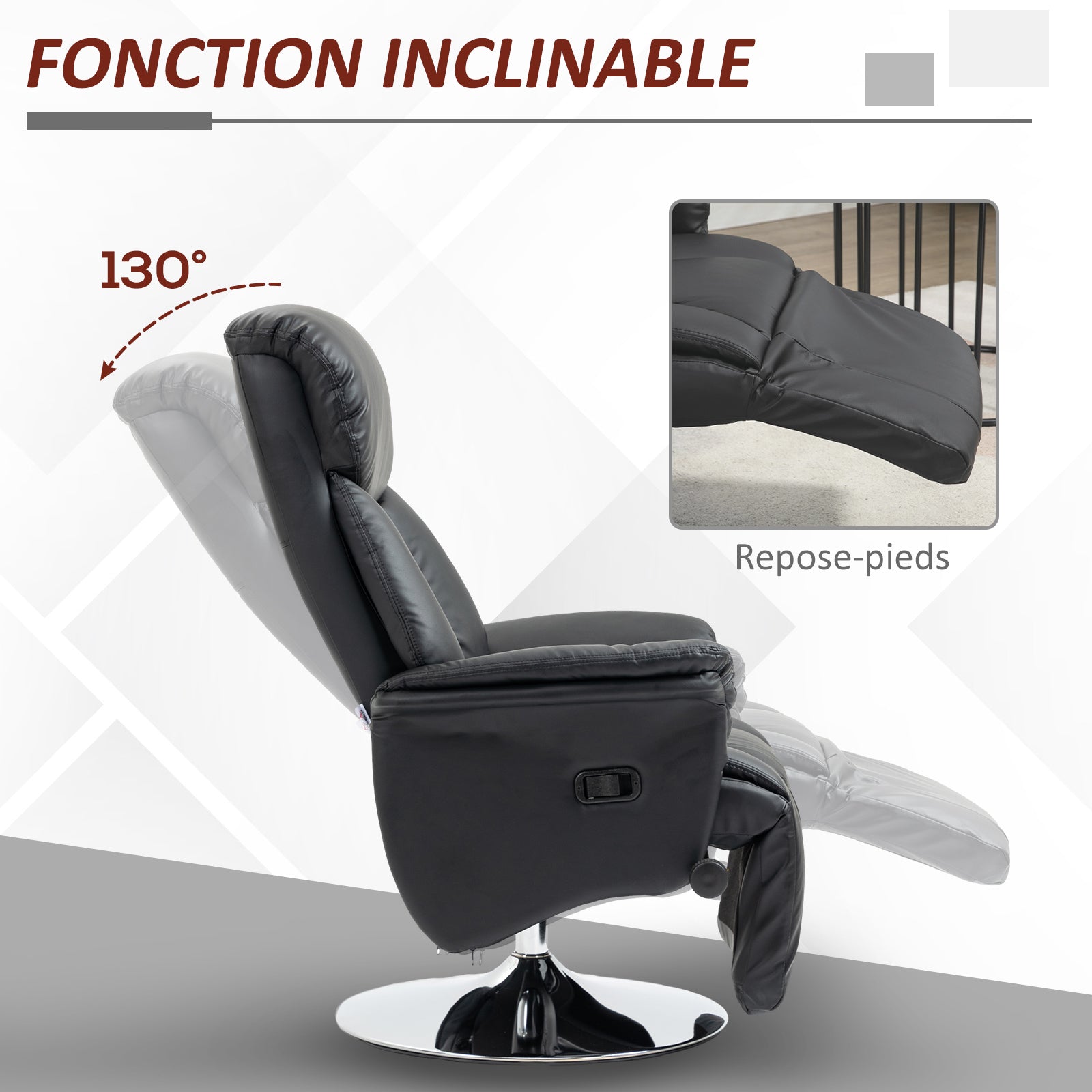 Fauteuil de relaxation fauteuil relax de salon inclinable pivotant repose-pied réglable accoudoirs, chaise TV en similicuir synthétique, jusqu'à 150 kg, pour salon, chambre, home cinéma, noir