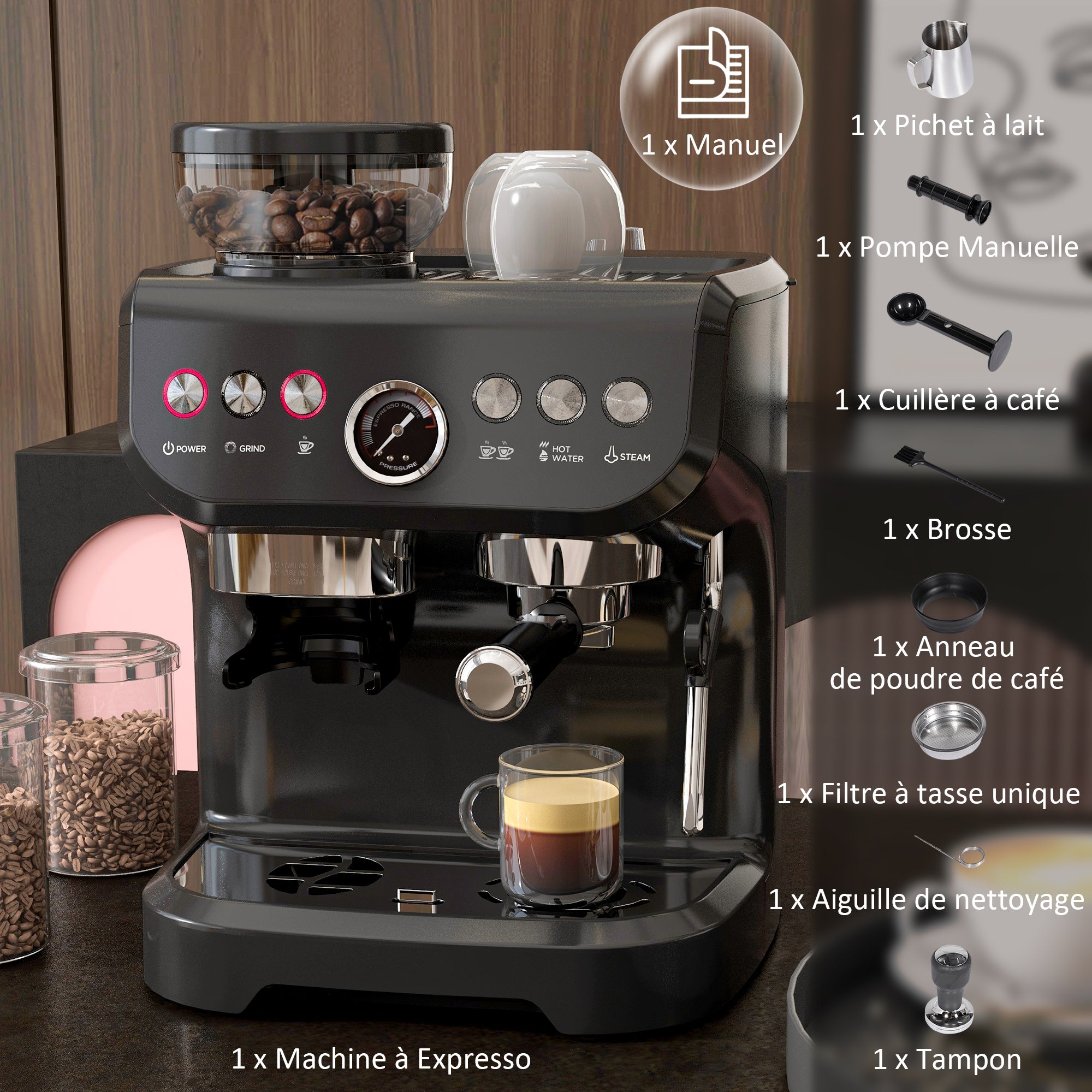 Machine à expresso machine à café à grains 1600W avec moulin à grains, buse vapeur, pompe italienne 15 bars, 1 ou 2 tasses, réservoir d'eau 2 L, cafetière espresso en acier inoxydable, noir