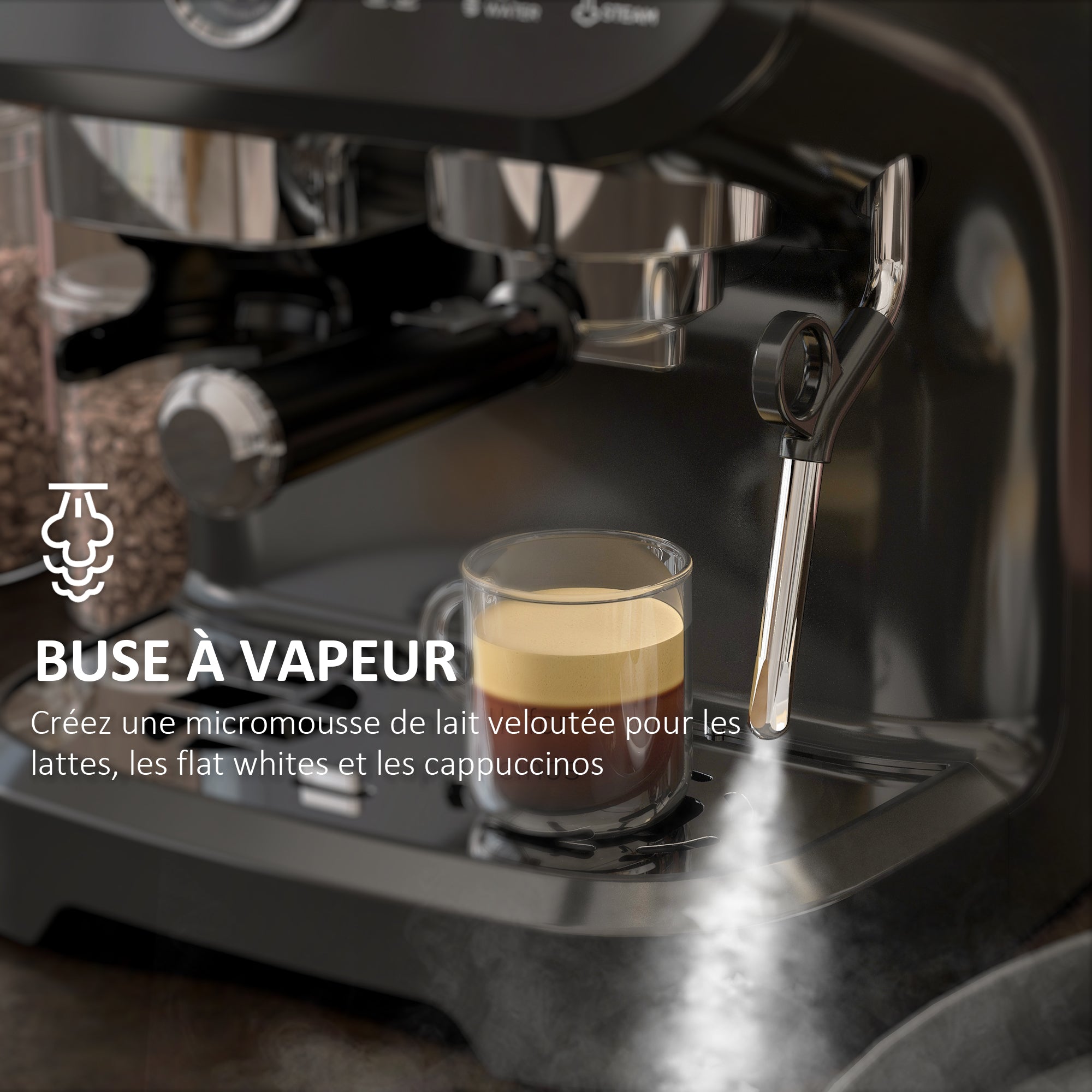 Machine à expresso machine à café à grains 1600W avec moulin à grains, buse vapeur, pompe italienne 15 bars, 1 ou 2 tasses, réservoir d'eau 2 L, cafetière espresso en acier inoxydable, noir