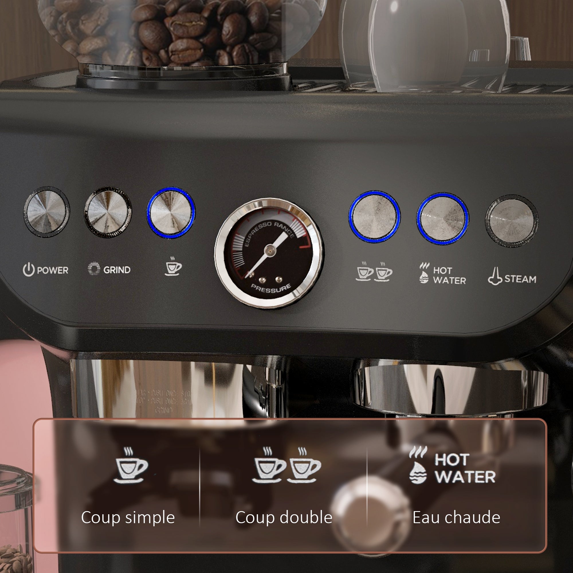Machine à expresso machine à café à grains 1600W avec moulin à grains, buse vapeur, pompe italienne 15 bars, 1 ou 2 tasses, réservoir d'eau 2 L, cafetière espresso en acier inoxydable, noir