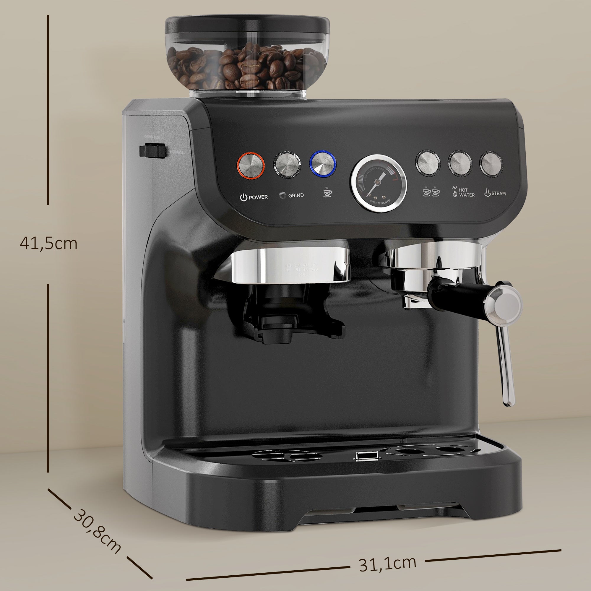 Machine à expresso machine à café à grains 1600W avec moulin à grains, buse vapeur, pompe italienne 15 bars, 1 ou 2 tasses, réservoir d'eau 2 L, cafetière espresso en acier inoxydable, noir
