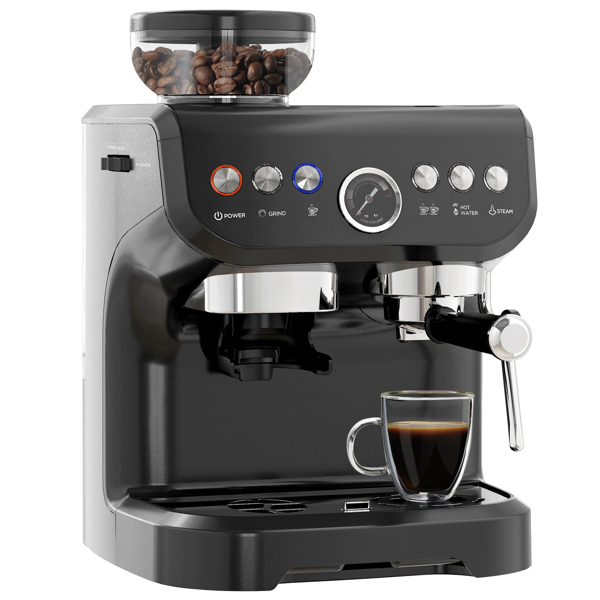 Machine à expresso machine à café à grains 1600W avec moulin à grains, buse vapeur, pompe italienne 15 bars, 1 ou 2 tasses, réservoir d'eau 2 L, cafetière espresso en acier inoxydable, noir