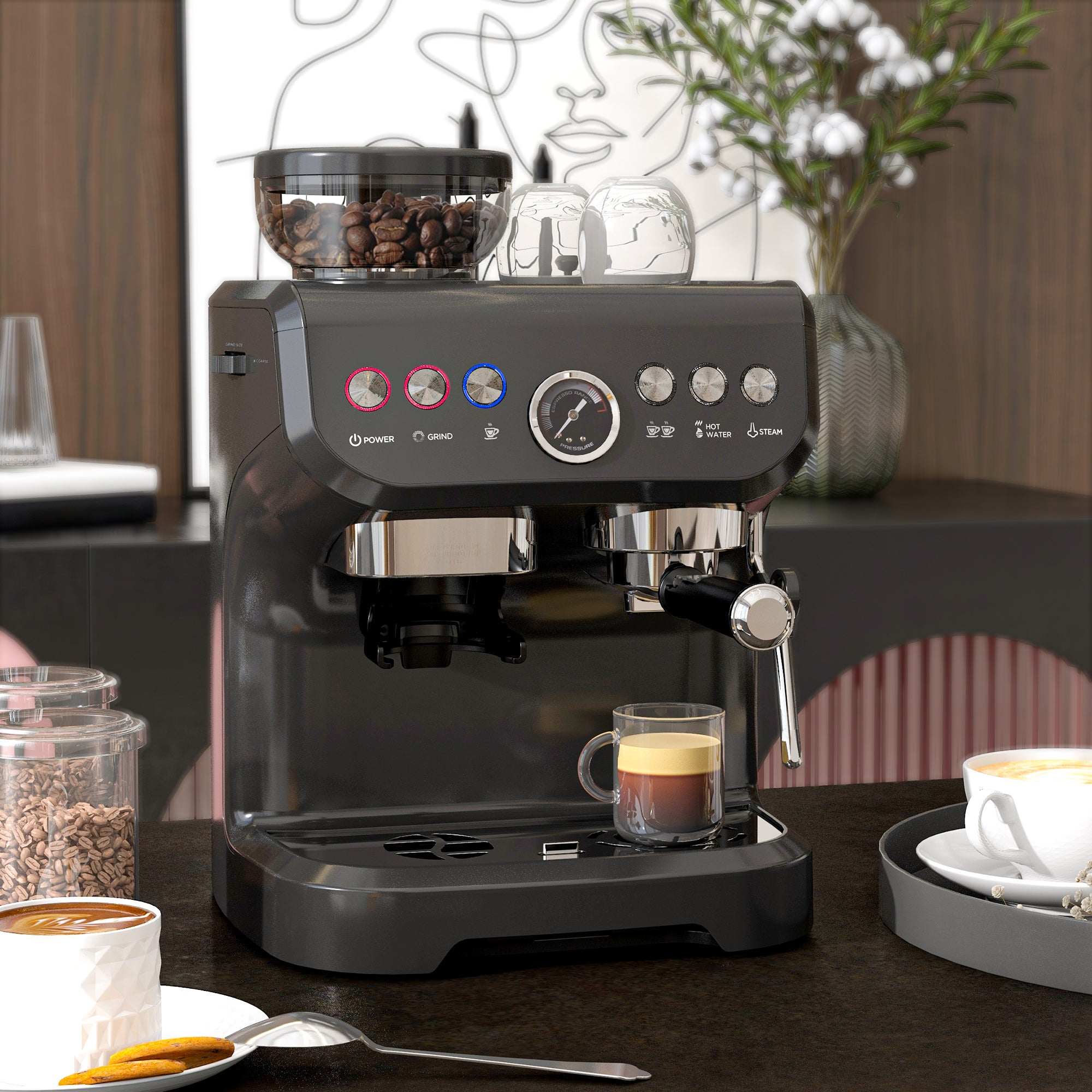 Machine à expresso machine à café à grains 1600W avec moulin à grains, buse vapeur, pompe italienne 15 bars, 1 ou 2 tasses, réservoir d'eau 2 L, cafetière espresso en acier inoxydable, noir