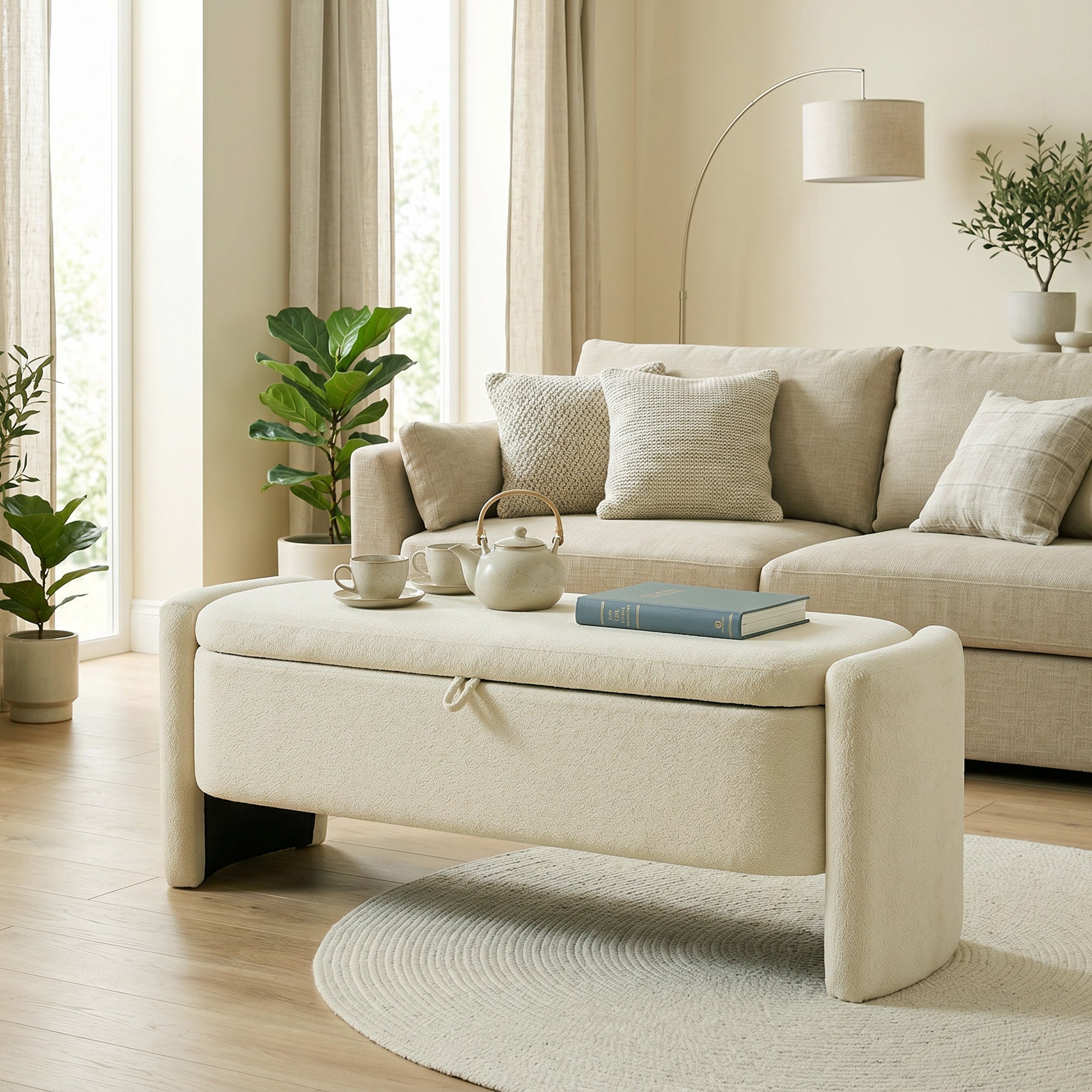 Banc Bout de Lit Banquette, 118x42x45cm, Banc de Rangement Rembourré en Tissu Bouclé, Pieds en Bois d'Eucalyptus, Charge 220 Kg, Coffre de Rangement pour Chambre à Coucher ou Entrée, Crème