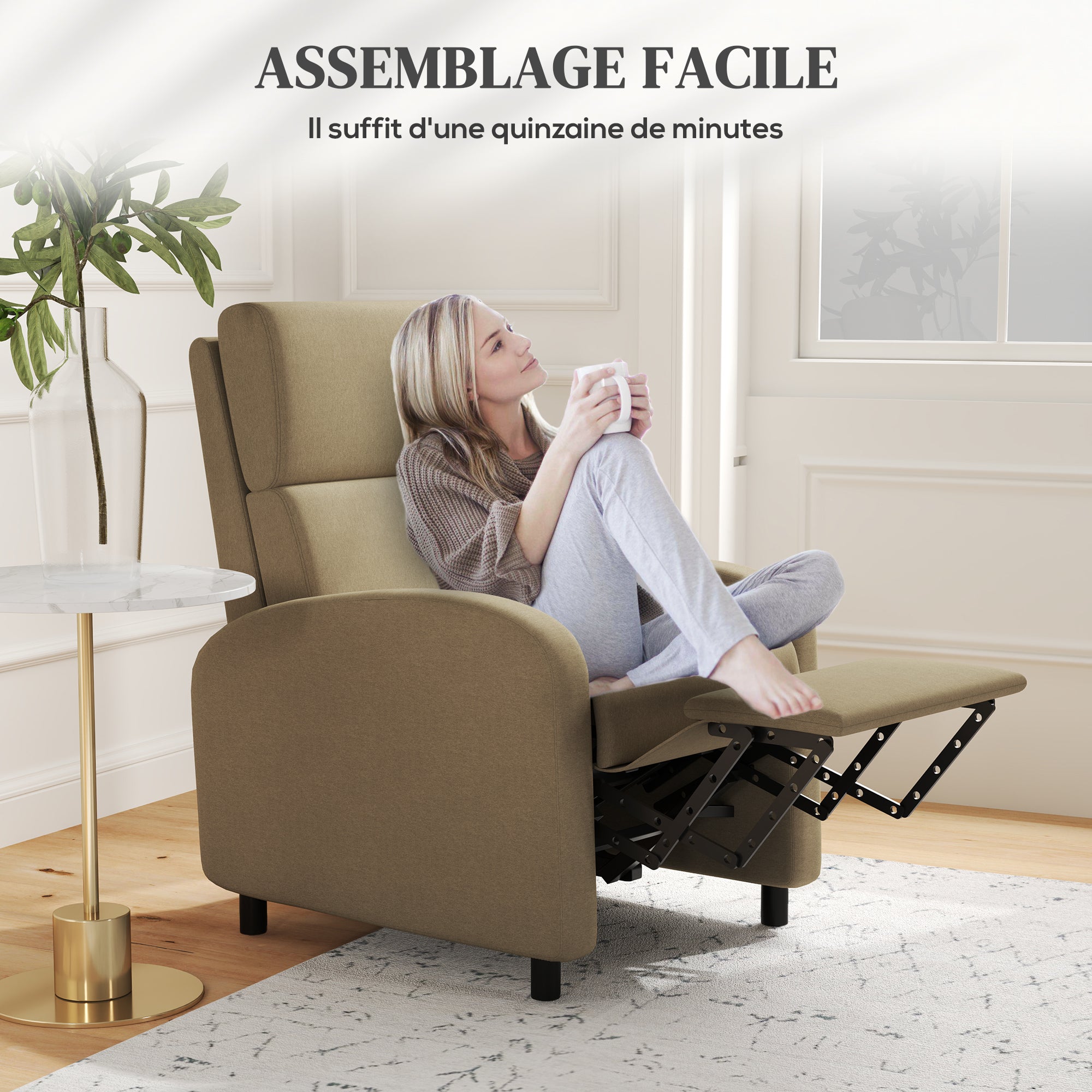 Fauteuil relax fauteuil de relaxation inclinable salon avec avec dossier réglable jusqu'à 160° manuellement, repose-pieds intégré pour salon chambre bureau home cinéma, charge 120 kg, beige