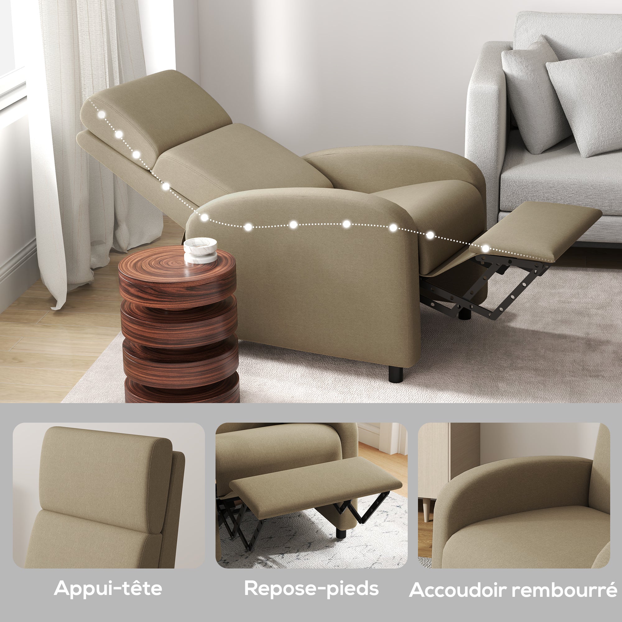 Fauteuil relax fauteuil de relaxation inclinable salon avec avec dossier réglable jusqu'à 160° manuellement, repose-pieds intégré pour salon chambre bureau home cinéma, charge 120 kg, beige
