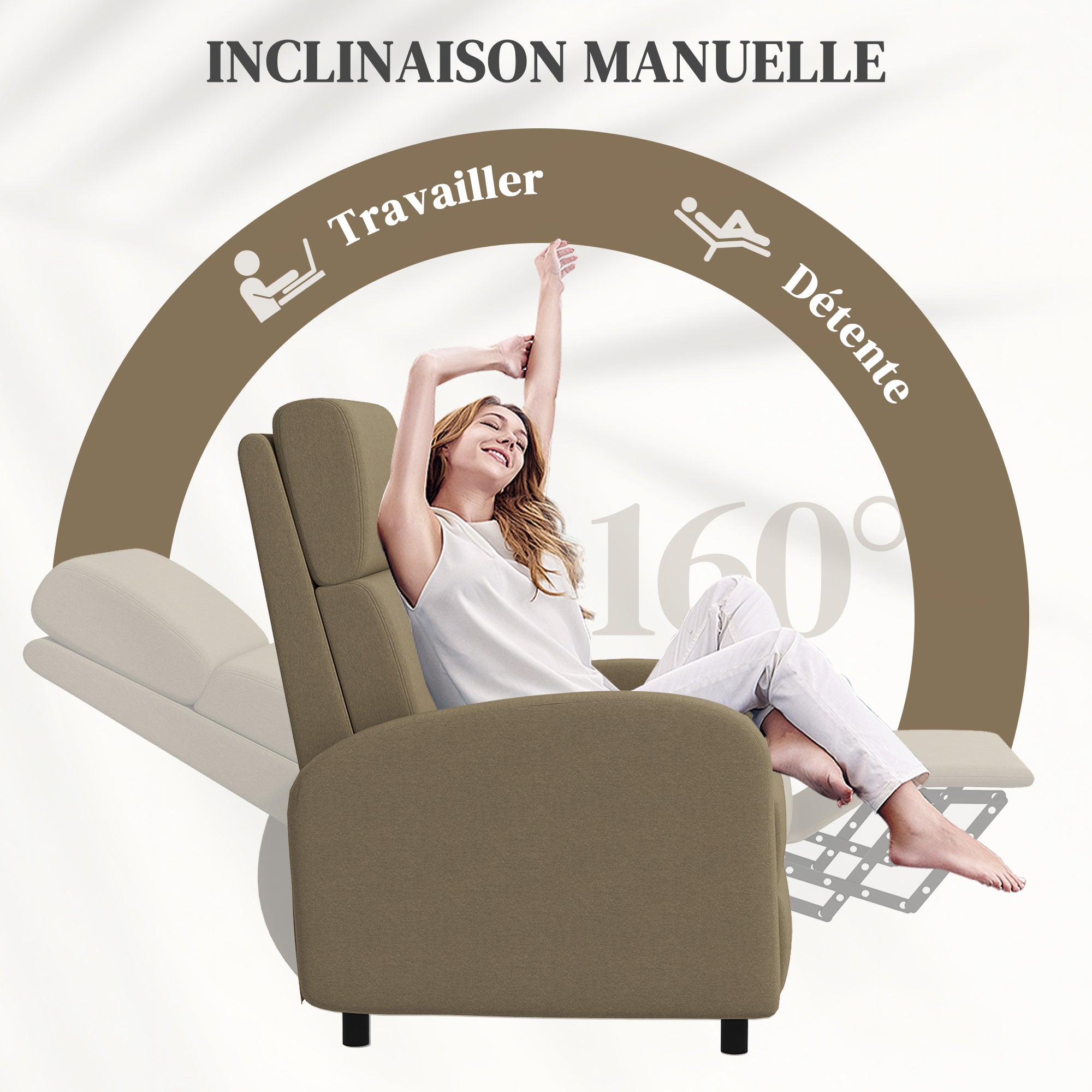 Fauteuil relax fauteuil de relaxation inclinable salon avec avec dossier réglable jusqu'à 160° manuellement, repose-pieds intégré pour salon chambre bureau home cinéma, charge 120 kg, beige