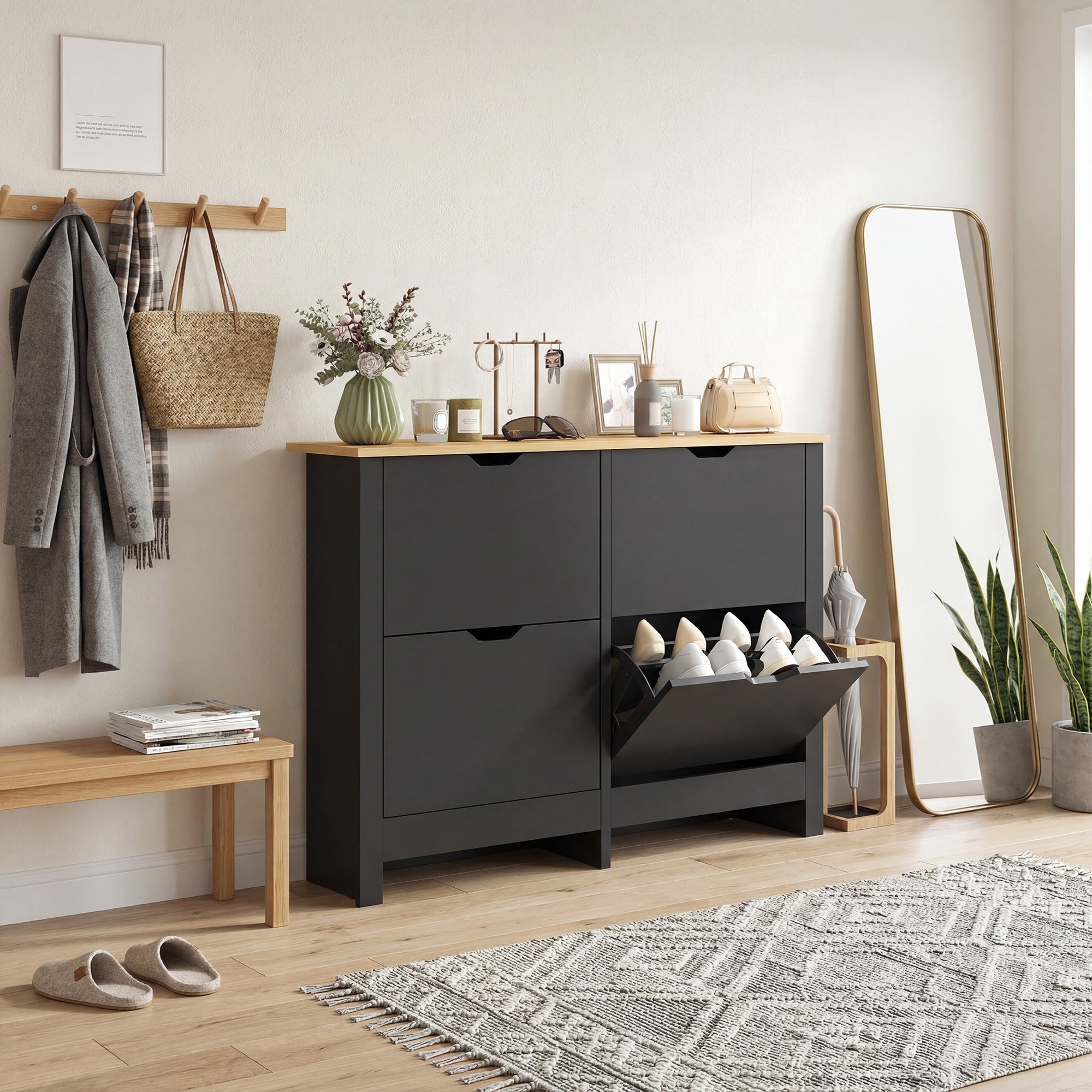 Meuble à chaussures 16 paires, armoire à chaussures étroite avec 4 tiroirs rabattables et étagères réglables, style moderne, pour couloir, entrée, 105 x 26 x 80 cm, noir et bois naturel