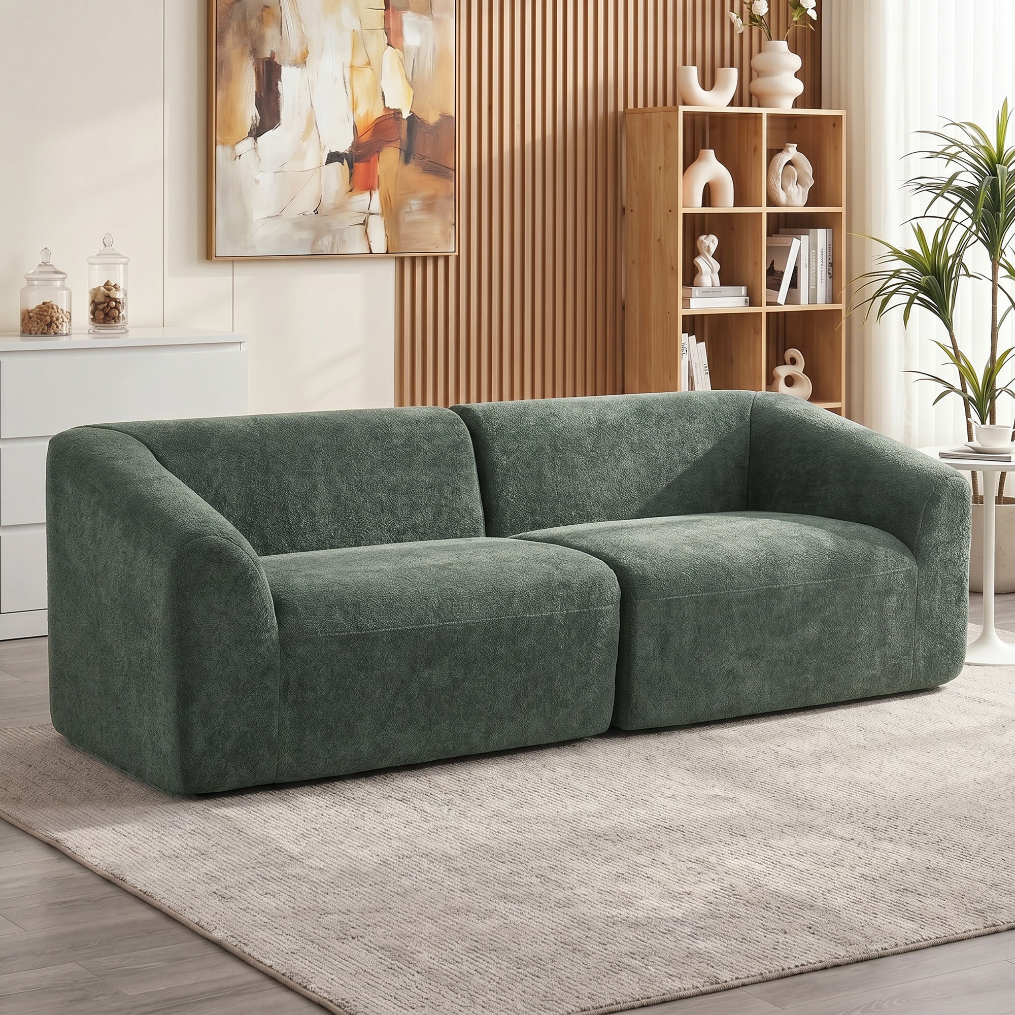 Canapé 3 places en chenille 225 cm, canapé salon rembourré moderne avec assise large, coussin à ressorts, entièrement compressé, pas de montage nécessaire, vert foncé